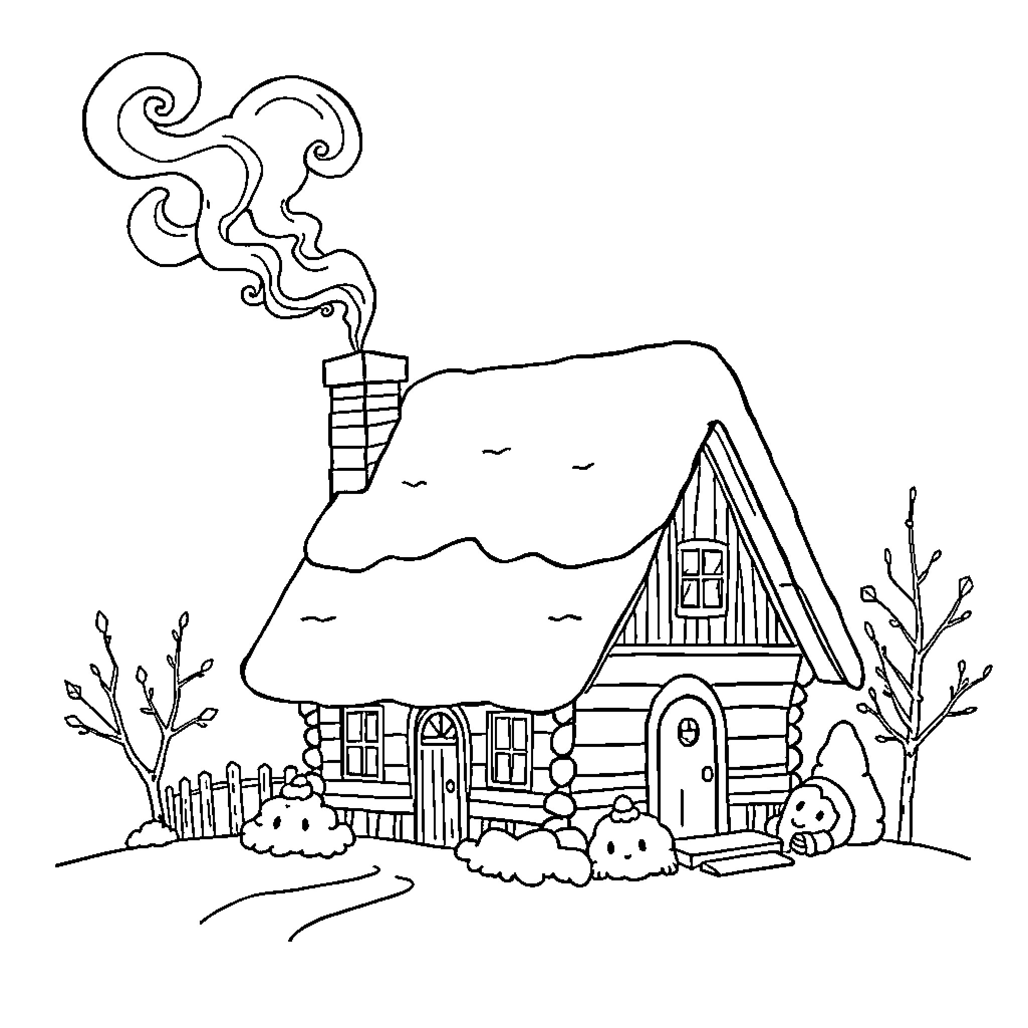 Cottage with whimsical details in the snow Coloring Page (free black-and-white line drawing printable PDF for all, from beginners to advanced learners, including children, teens, adults, and seniors)
