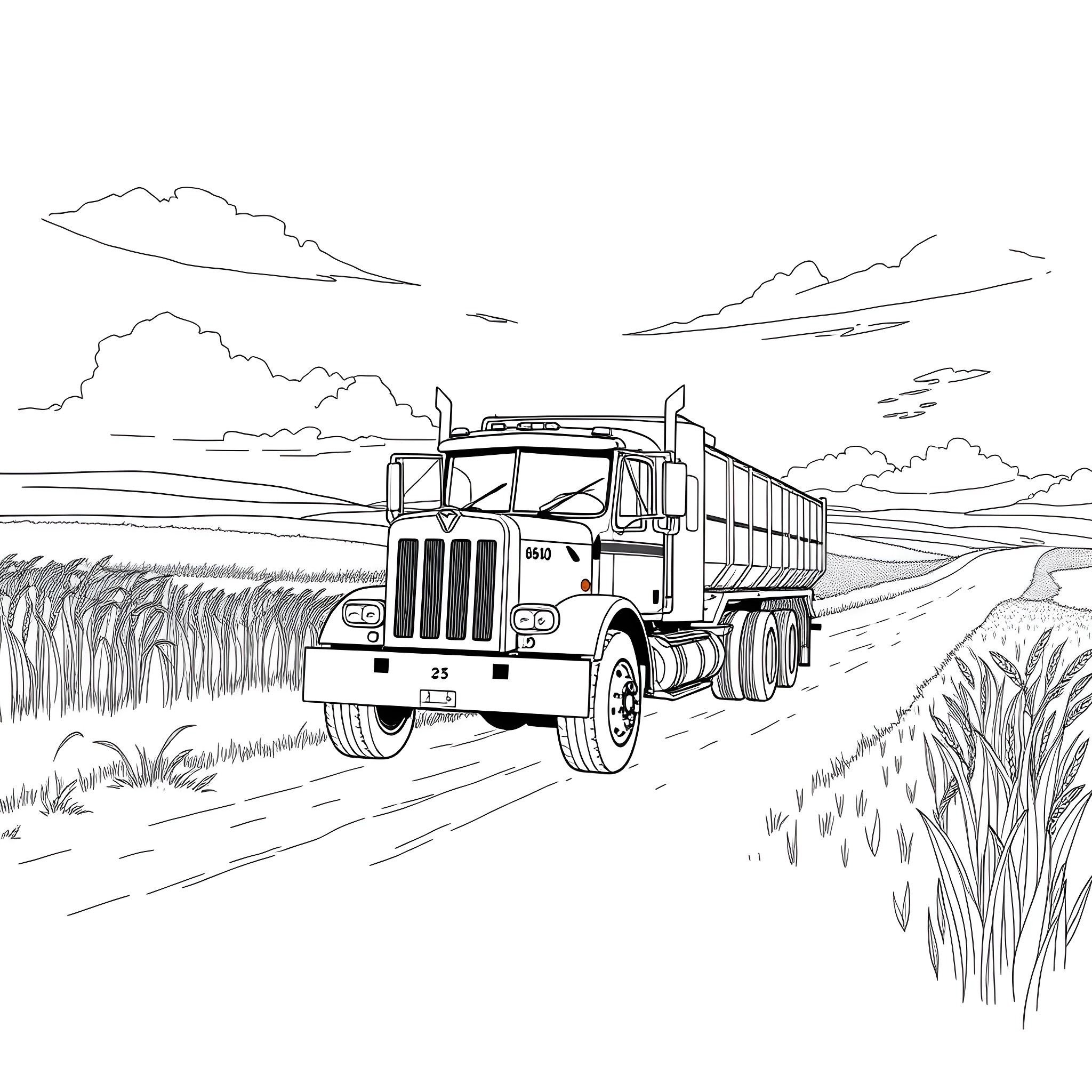 Grain Truck Transporting Crops on Rural Road Coloring Page (free black-and-white line drawing printable PDF for all, from beginners to advanced learners, including children, teens, adults, and seniors)