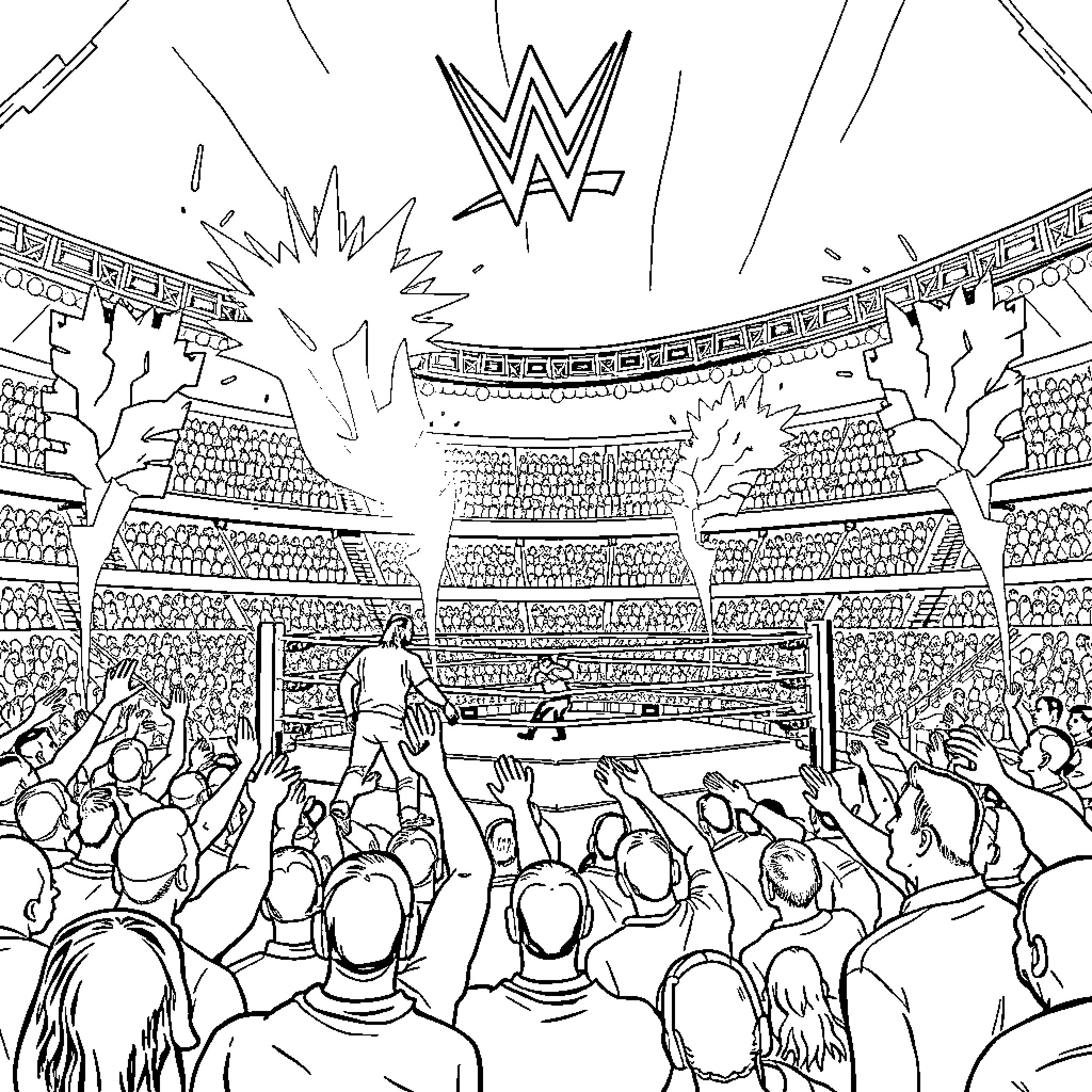 WWE Exciting Wrestling Event with Cheering Crowd Coloring Page (free black-and-white line drawing printable PDF for all, from beginners to advanced learners, including children, teens, adults, and seniors)