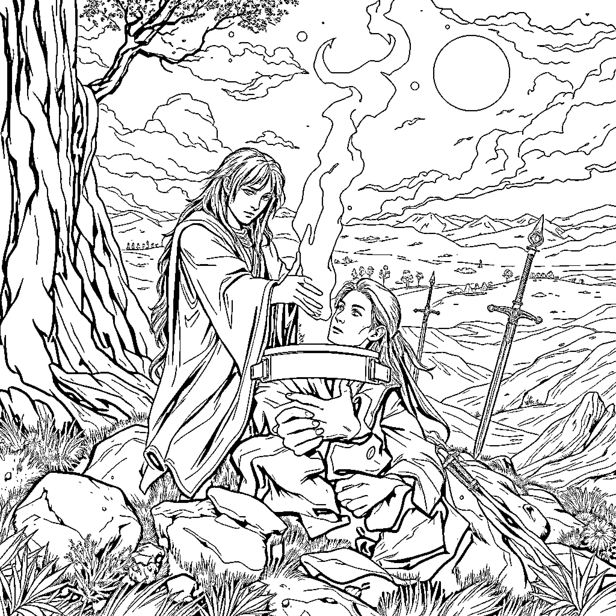 Lord of the Rings Characters in a Dramatic Landscape Coloring Page (free black-and-white line drawing printable PDF for all, from beginners to advanced learners, including children, teens, adults, and seniors)