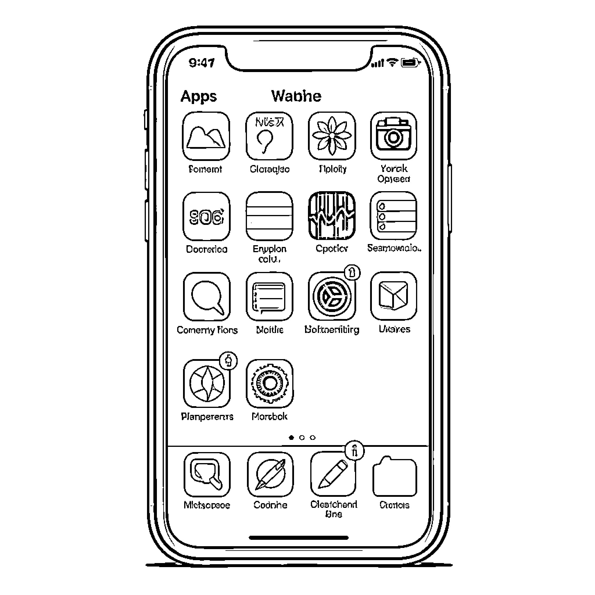 App displaying various icons on a smartphone screen Coloring Page (free black-and-white line drawing printable PDF for all, from beginners to advanced learners, including children, teens, adults, and seniors)