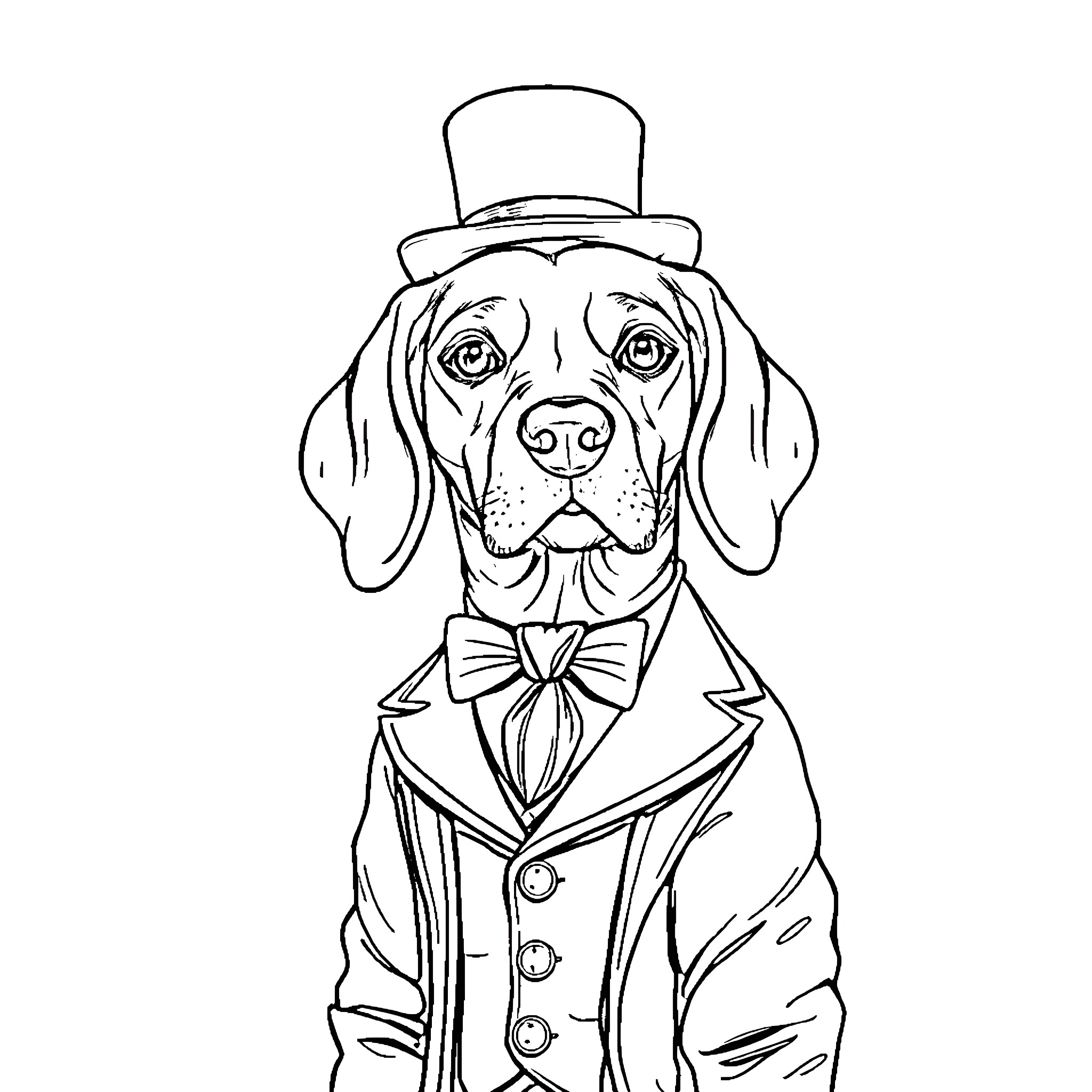 Beagle dressed in elegant attire Coloring Page (free black-and-white line drawing printable PDF for all, from beginners to advanced learners, including children, teens, adults, and seniors)