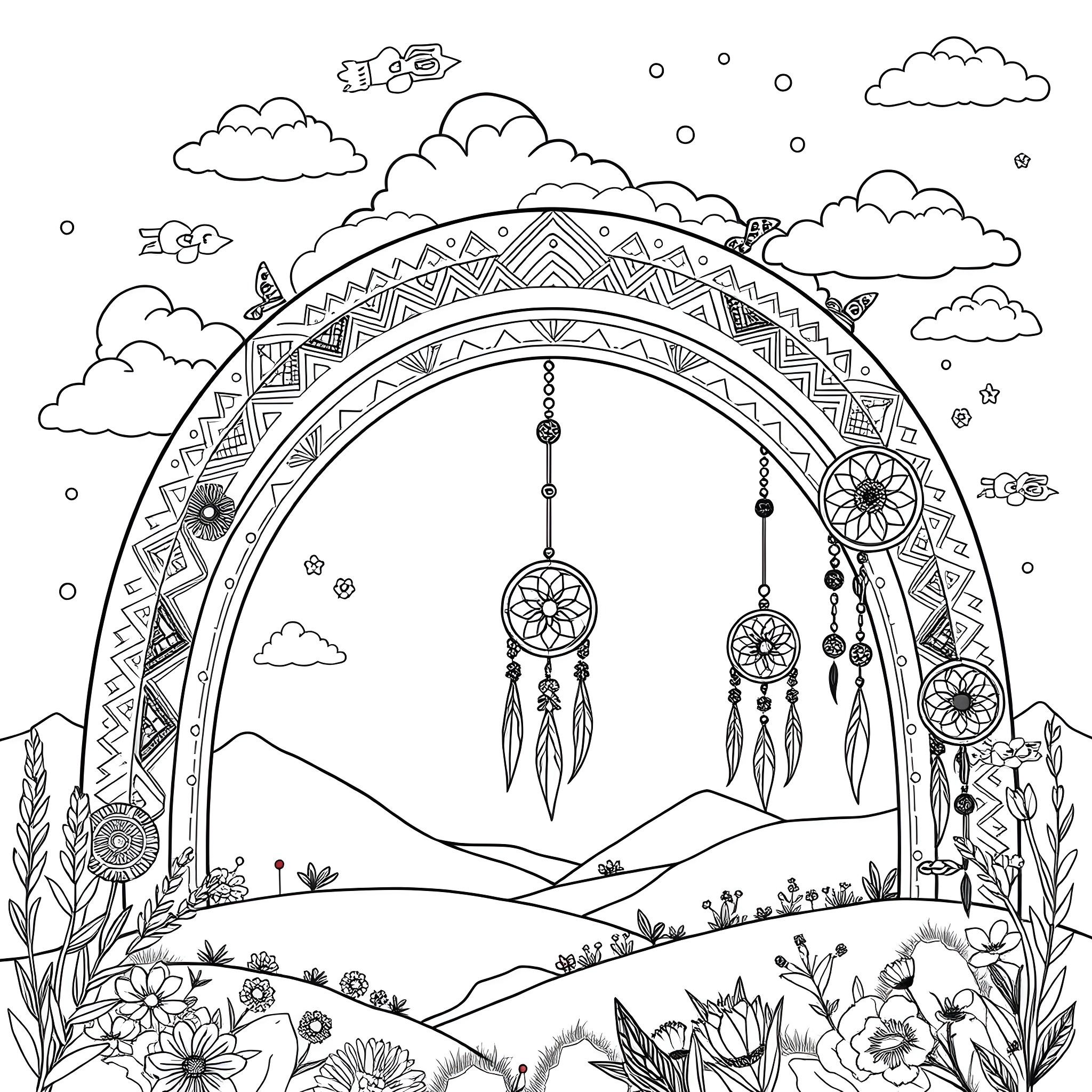 Rainbow Dream Catcher Adventure in the Mountains Coloring Page (free black-and-white line drawing printable PDF for all, from beginners to advanced learners, including children, teens, adults, and seniors)