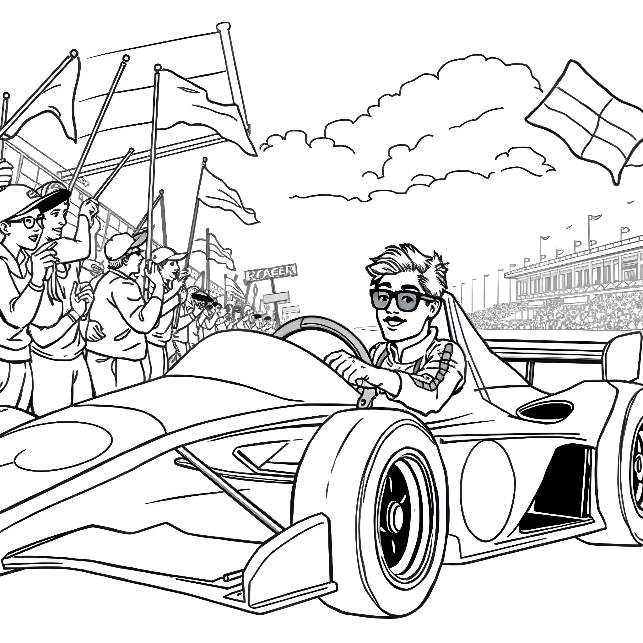 Race Car Driver Speeds Through Cheering Crowd Coloring Page (free black-and-white line drawing printable PDF for all, from beginners to advanced learners, including children, teens, adults, and seniors)
