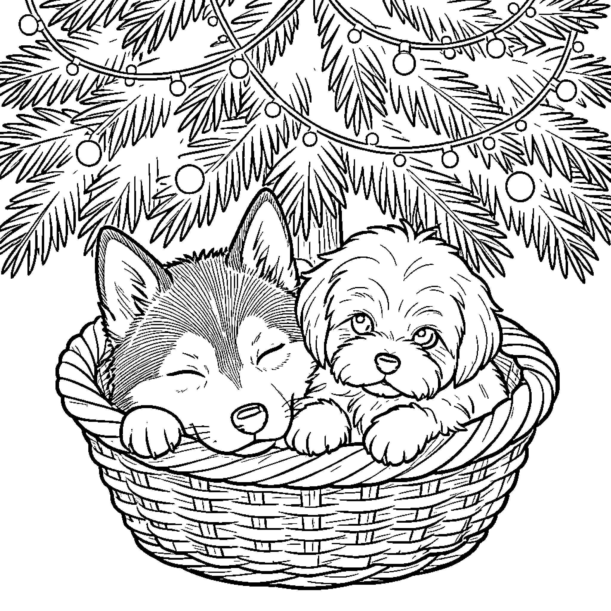 Puppies sleeping peacefully together in a basket Coloring Page (free black-and-white line drawing printable PDF for all, from beginners to advanced learners, including children, teens, adults, and seniors)
