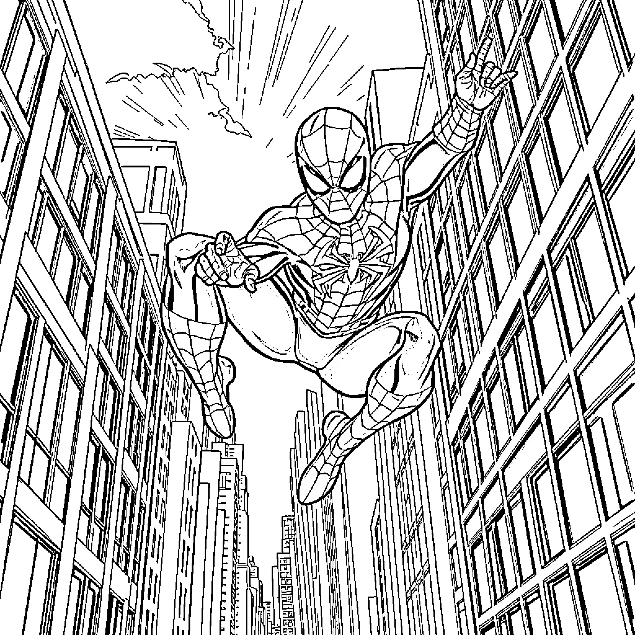 Spiderman swinging through city skyscrapers Coloring Page (free black-and-white line drawing printable PDF for all, from beginners to advanced learners, including children, teens, adults, and seniors)