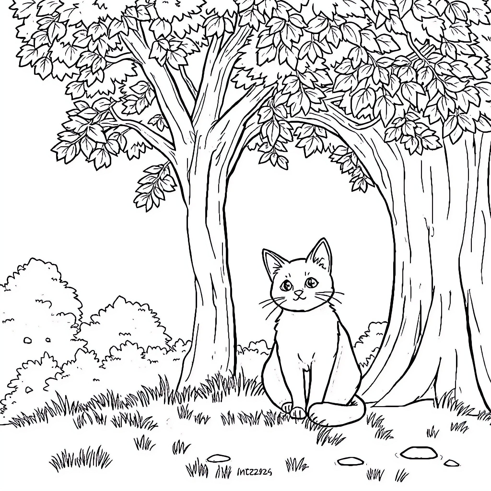 Cat exploring nature in a tranquil forest Coloring Page (free black-and-white line drawing printable PDF for all, from beginners to advanced learners, including children, teens, adults, and seniors)