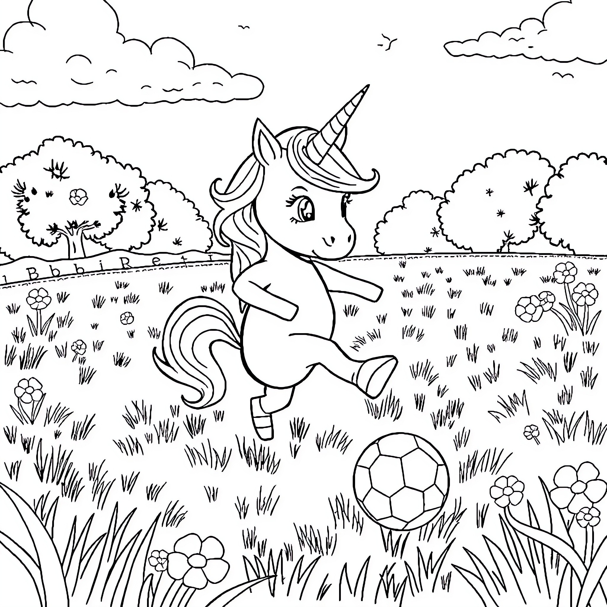Baby Unicorn playing happily in a magical meadow Coloring Page (free black-and-white line drawing printable PDF for all, from beginners to advanced learners, including children, teens, adults, and seniors)