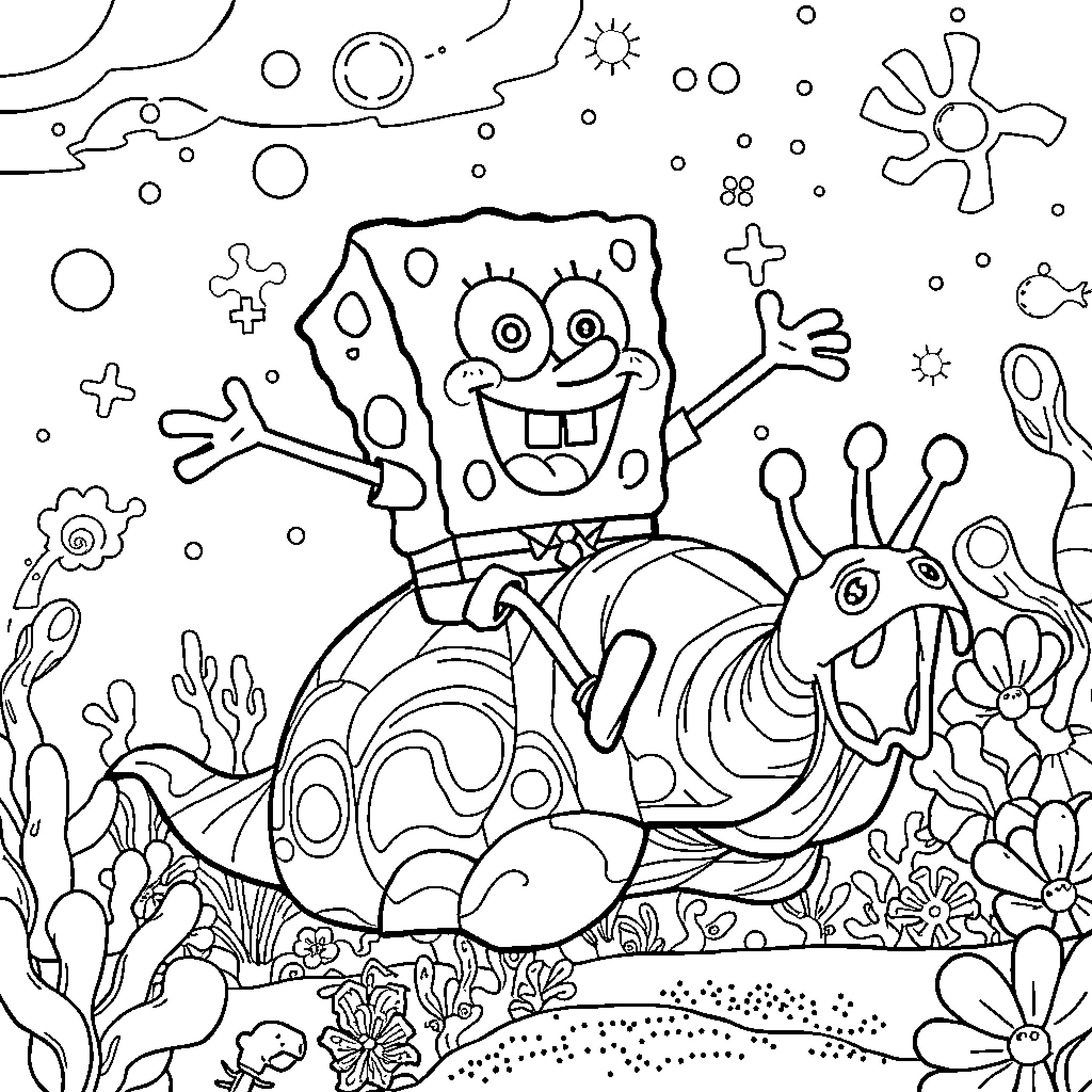 Spongebob's Underwater Adventure Coloring Page (free black-and-white line drawing printable PDF for all, from beginners to advanced learners, including children, teens, adults, and seniors)