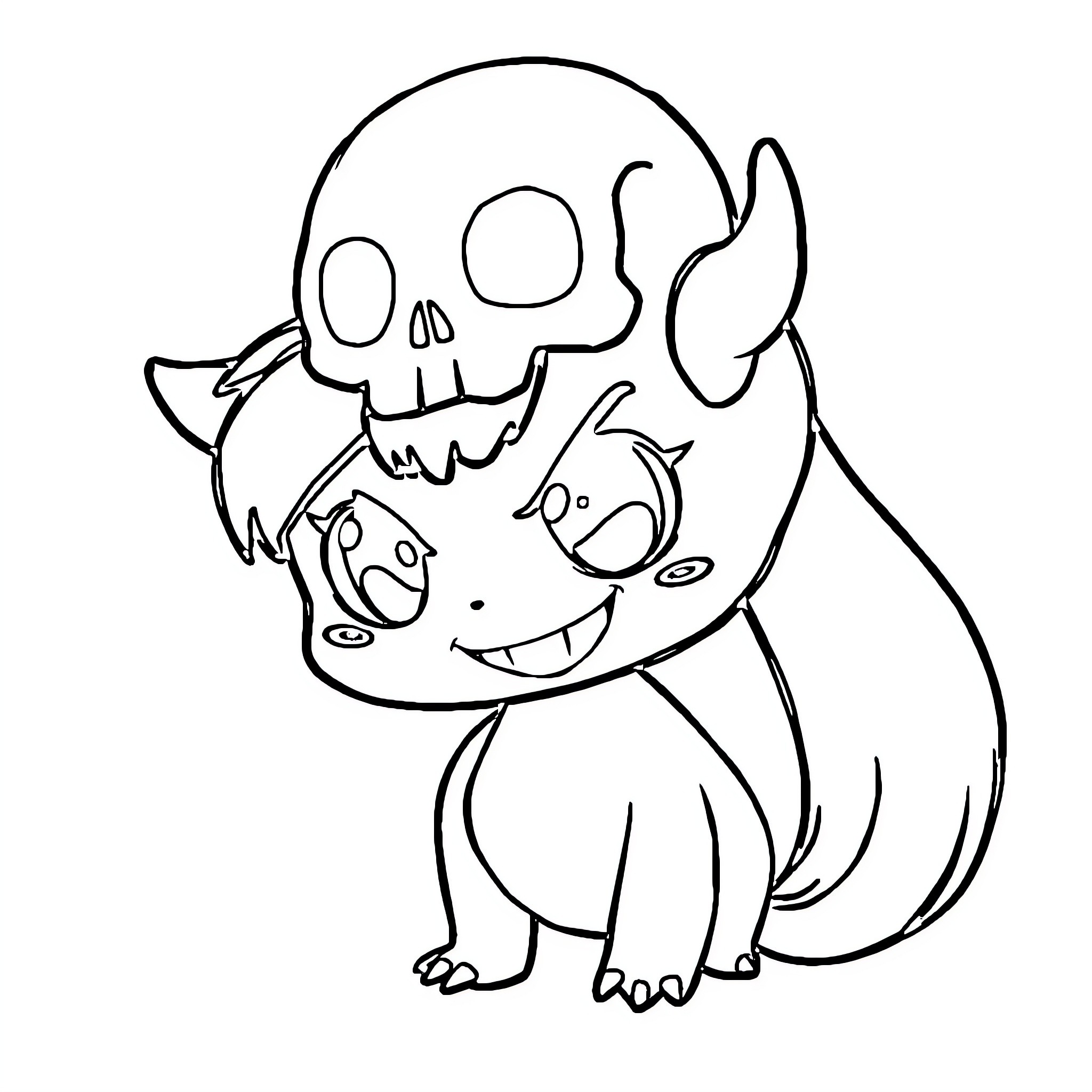 Kuromi's mischievous grin and skull accessory Coloring Page (free black-and-white line drawing printable PDF for all, from beginners to advanced learners, including children, teens, adults, and seniors)