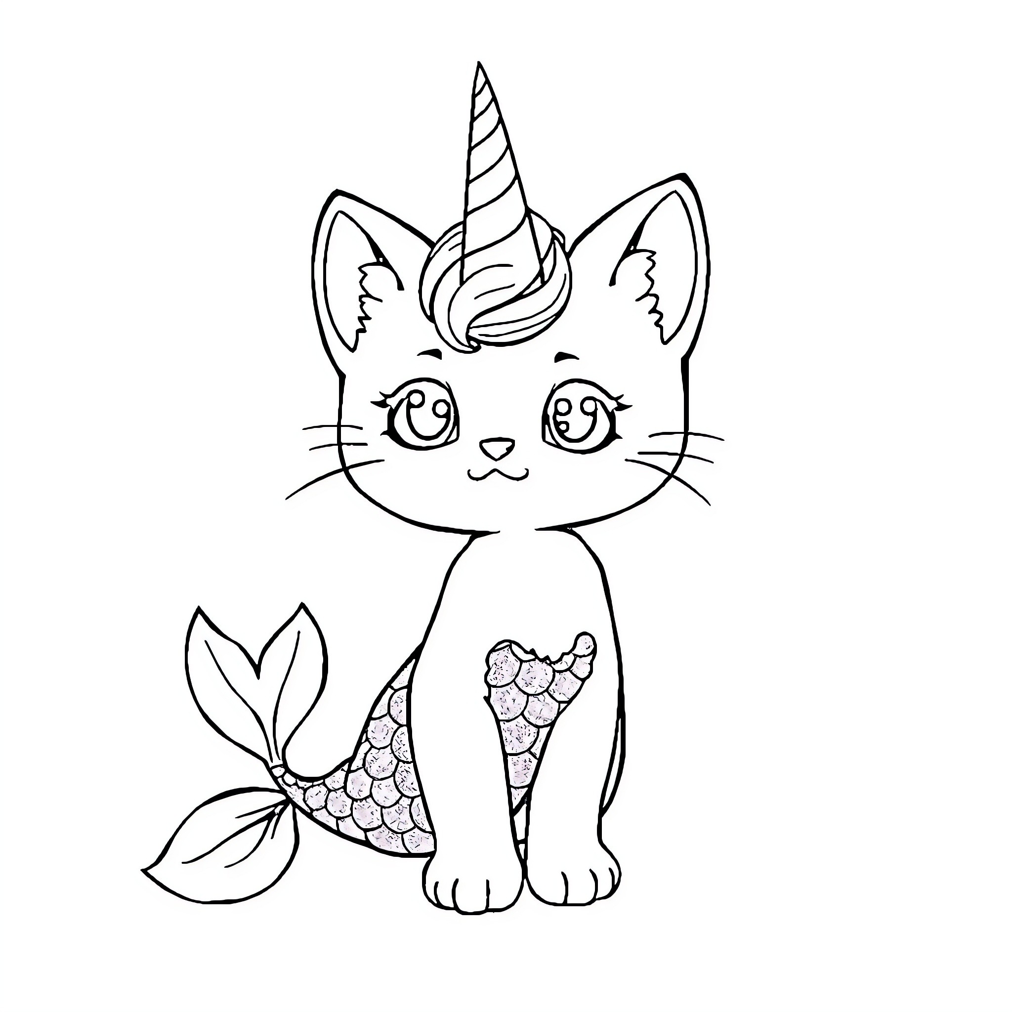 Kitty Unicorn Cat with Flower Coloring Page (free black-and-white line drawing printable PDF for all, from beginners to advanced learners, including children, teens, adults, and seniors)