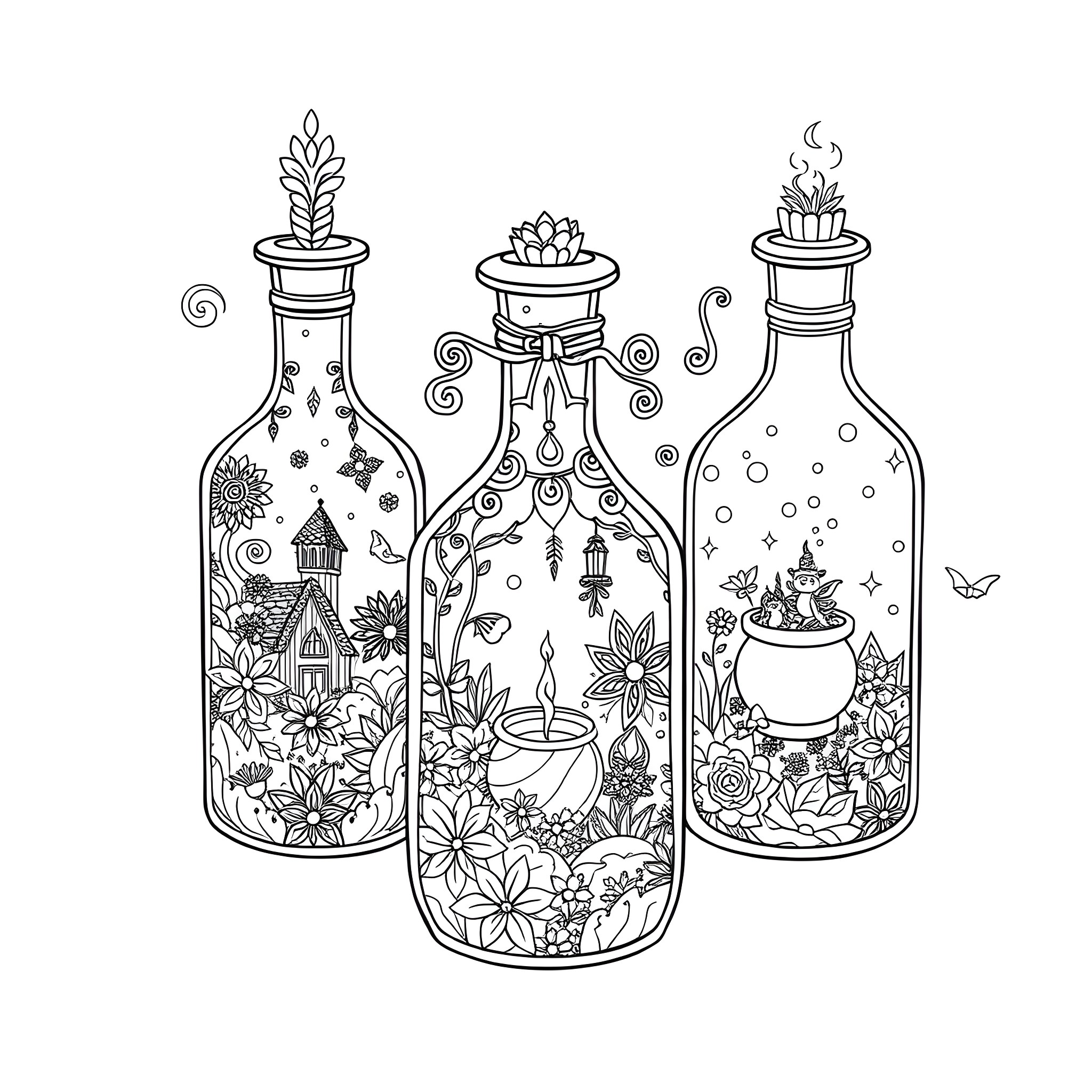 Potion Bottles with Magical Floral Designs Coloring Page (free black-and-white line drawing printable PDF for all, from beginners to advanced learners, including children, teens, adults, and seniors)