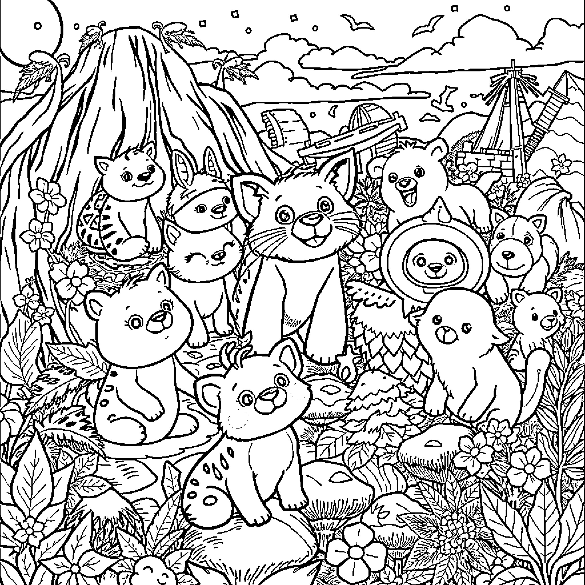 Animal friends exploring a whimsical landscape Coloring Page (free black-and-white line drawing printable PDF for all, from beginners to advanced learners, including children, teens, adults, and seniors)