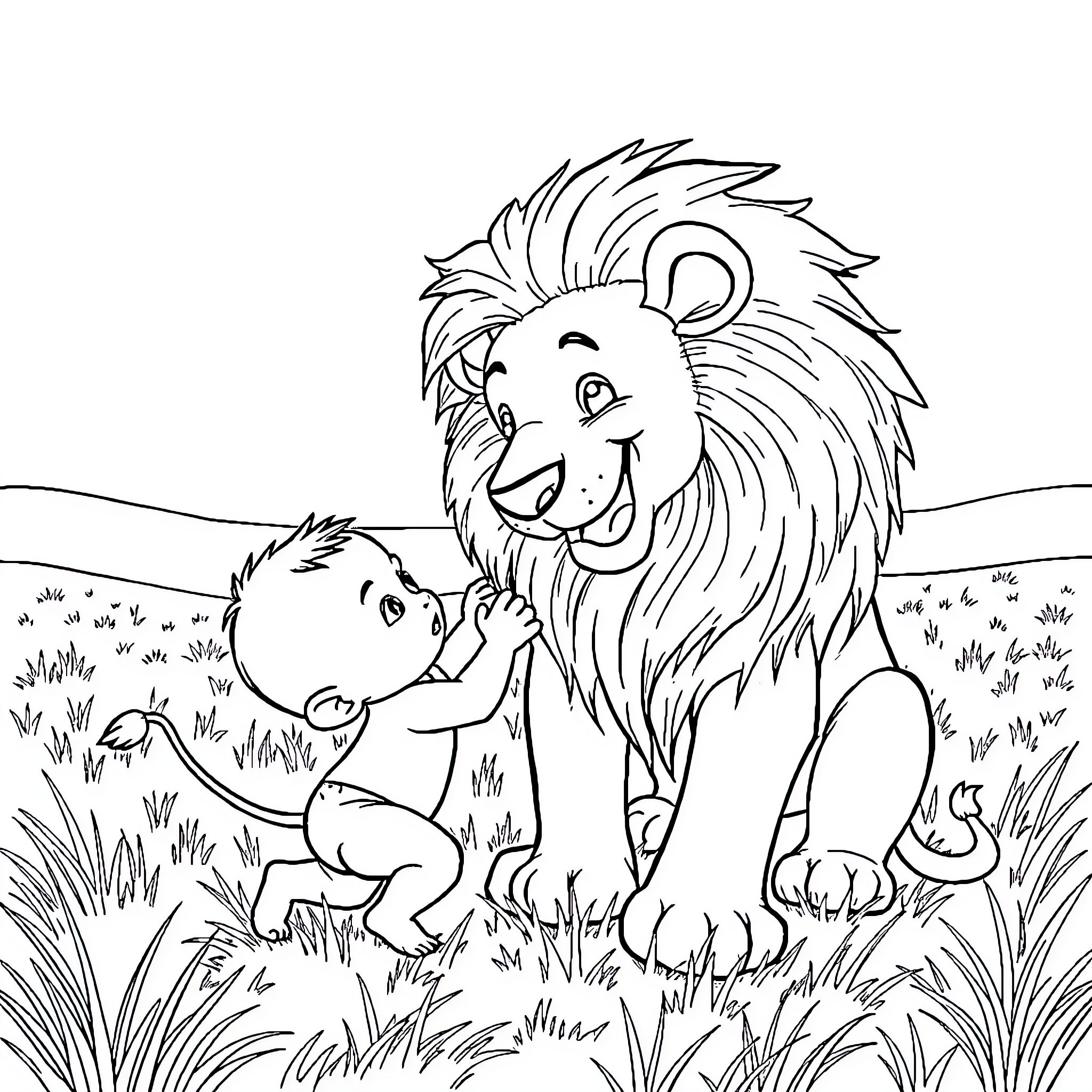 Baby playing happily with a lion in the grasslands Coloring Page (free black-and-white line drawing printable PDF for all, from beginners to advanced learners, including children, teens, adults, and seniors)