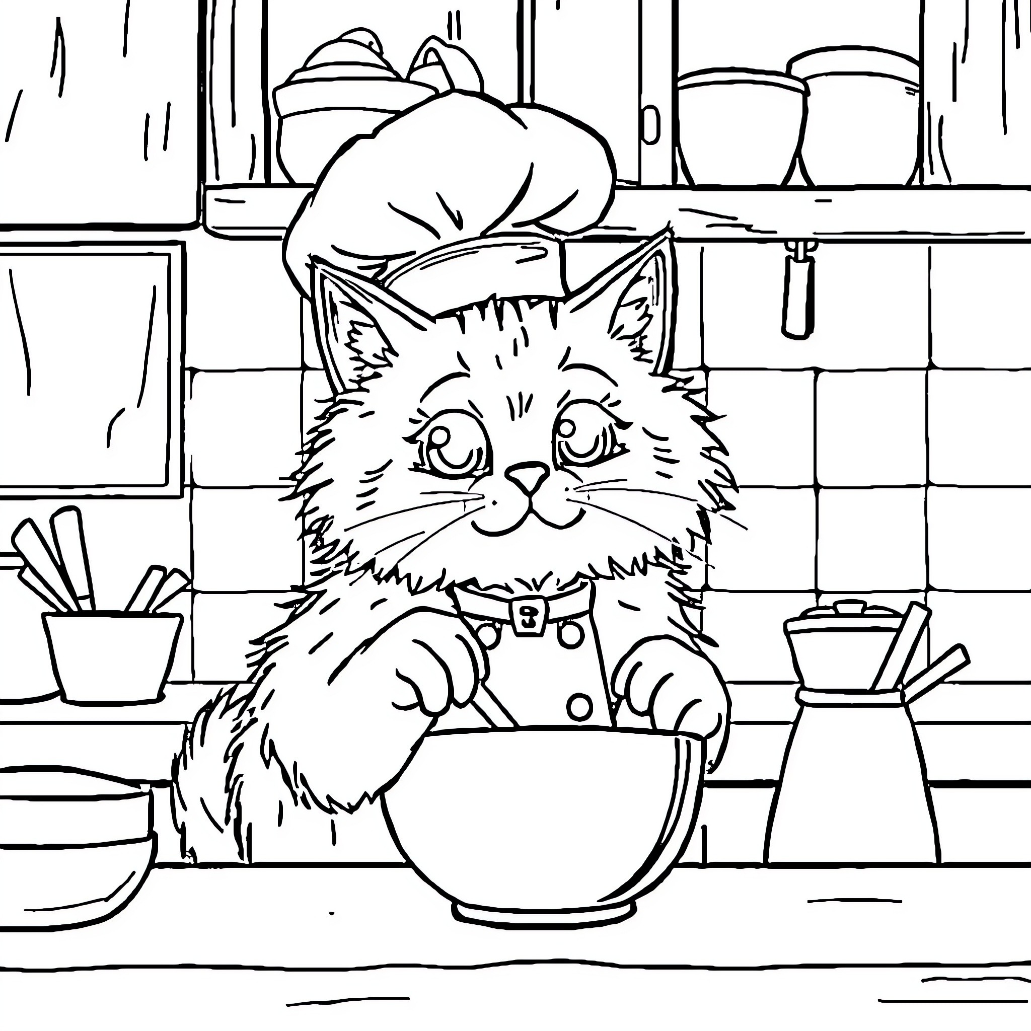 Cat chef cooking in kitchen Coloring Page (free black-and-white line drawing printable PDF for all, from beginners to advanced learners, including children, teens, adults, and seniors)