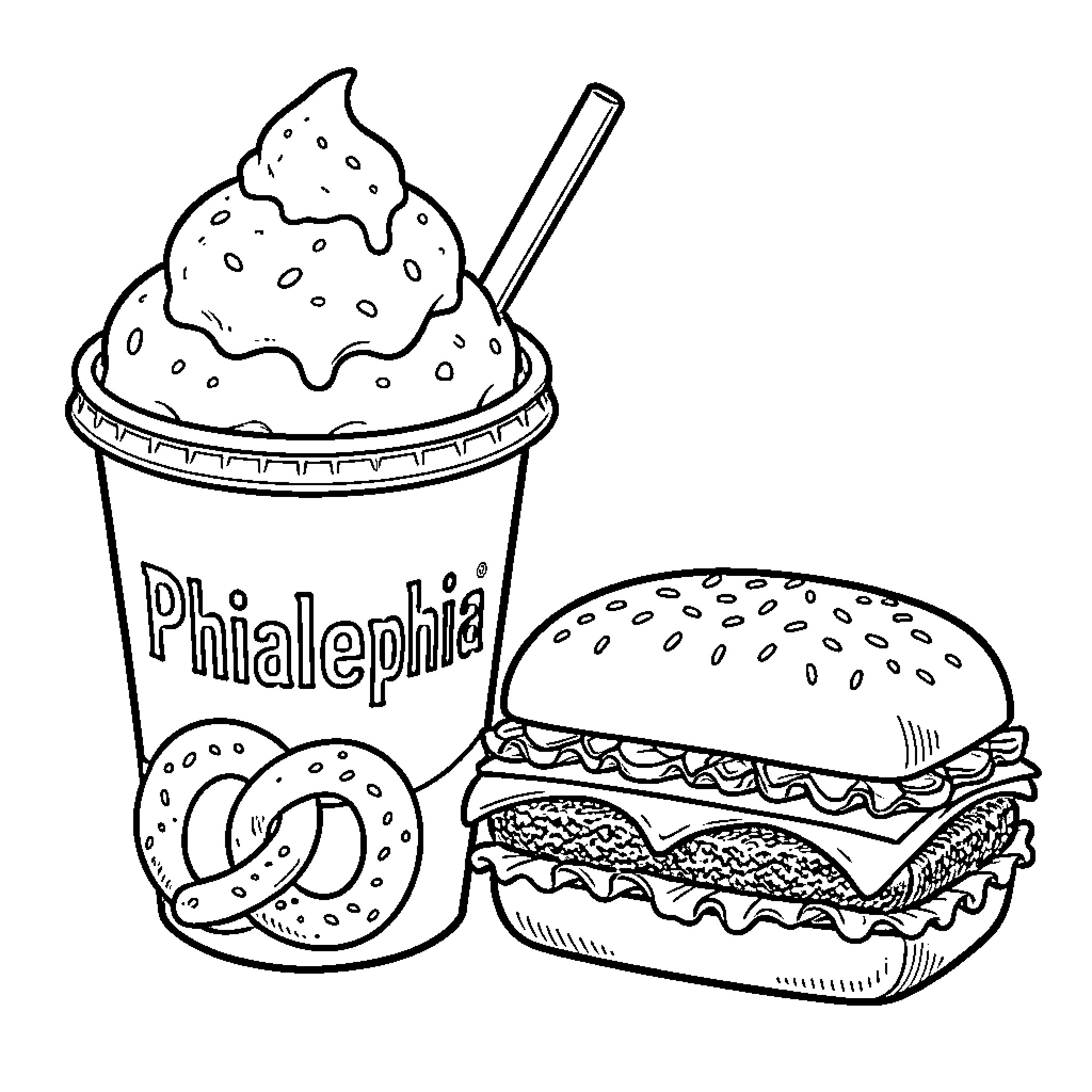 Food items featuring a milkshake and a hamburger Coloring Page (free black-and-white line drawing printable PDF for all, from beginners to advanced learners, including children, teens, adults, and seniors)