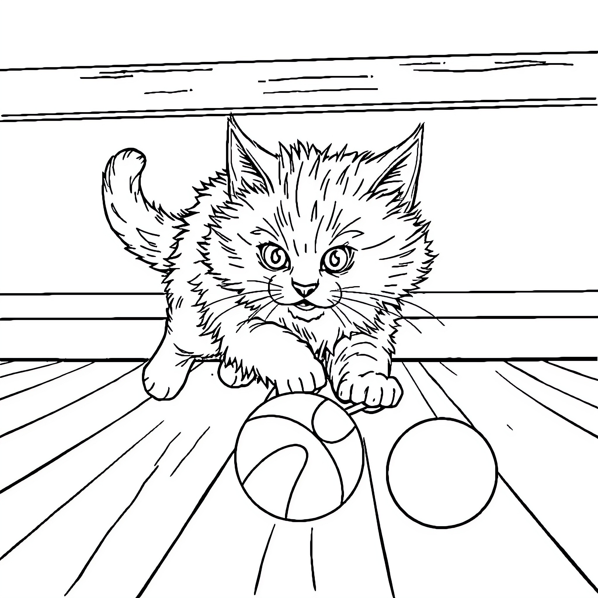 Cat playing with toy on floor Coloring Page (free black-and-white line drawing printable PDF for all, from beginners to advanced learners, including children, teens, adults, and seniors)