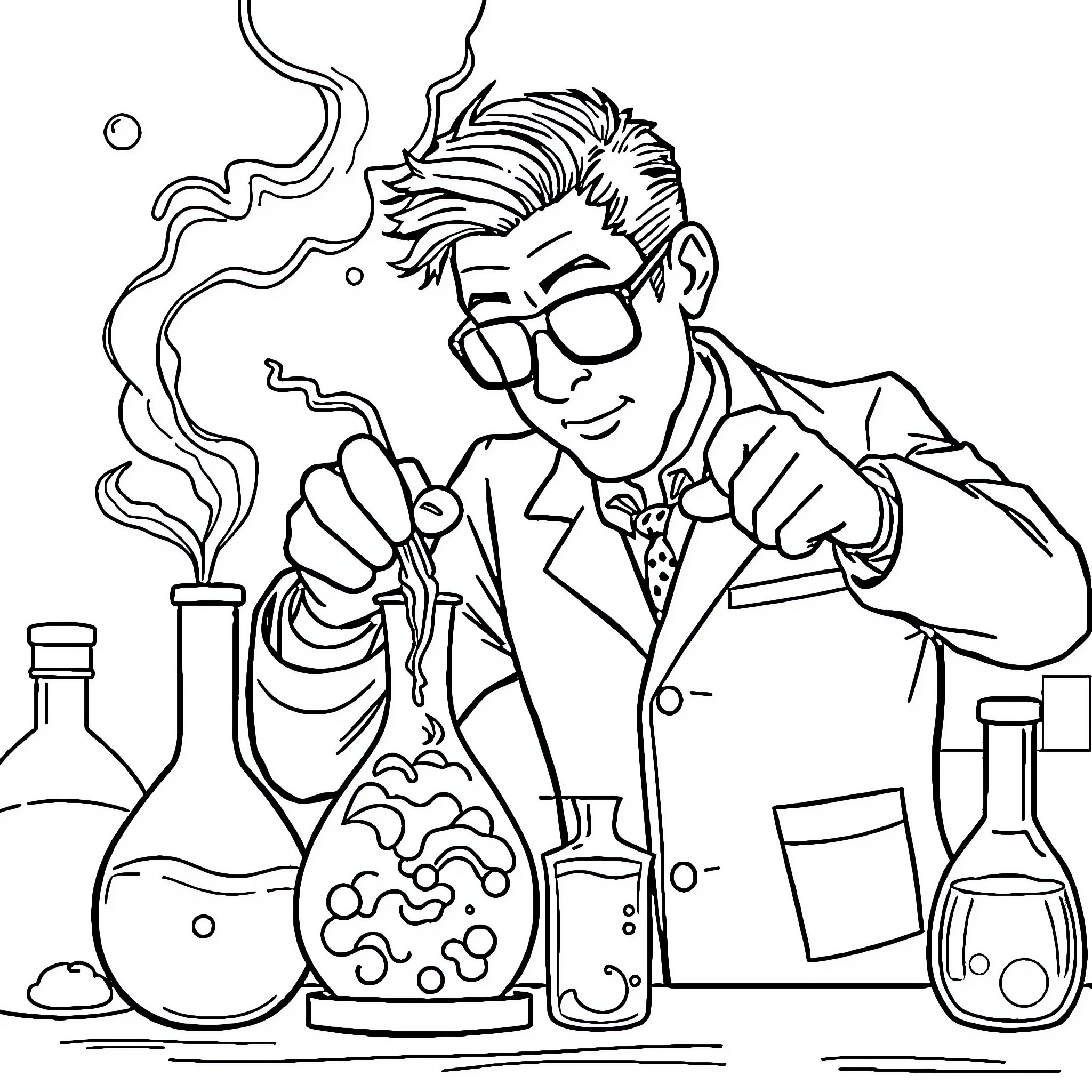 Scientist conducting experiment in laboratory Coloring Page (free black-and-white line drawing printable PDF for all, from beginners to advanced learners, including children, teens, adults, and seniors)
