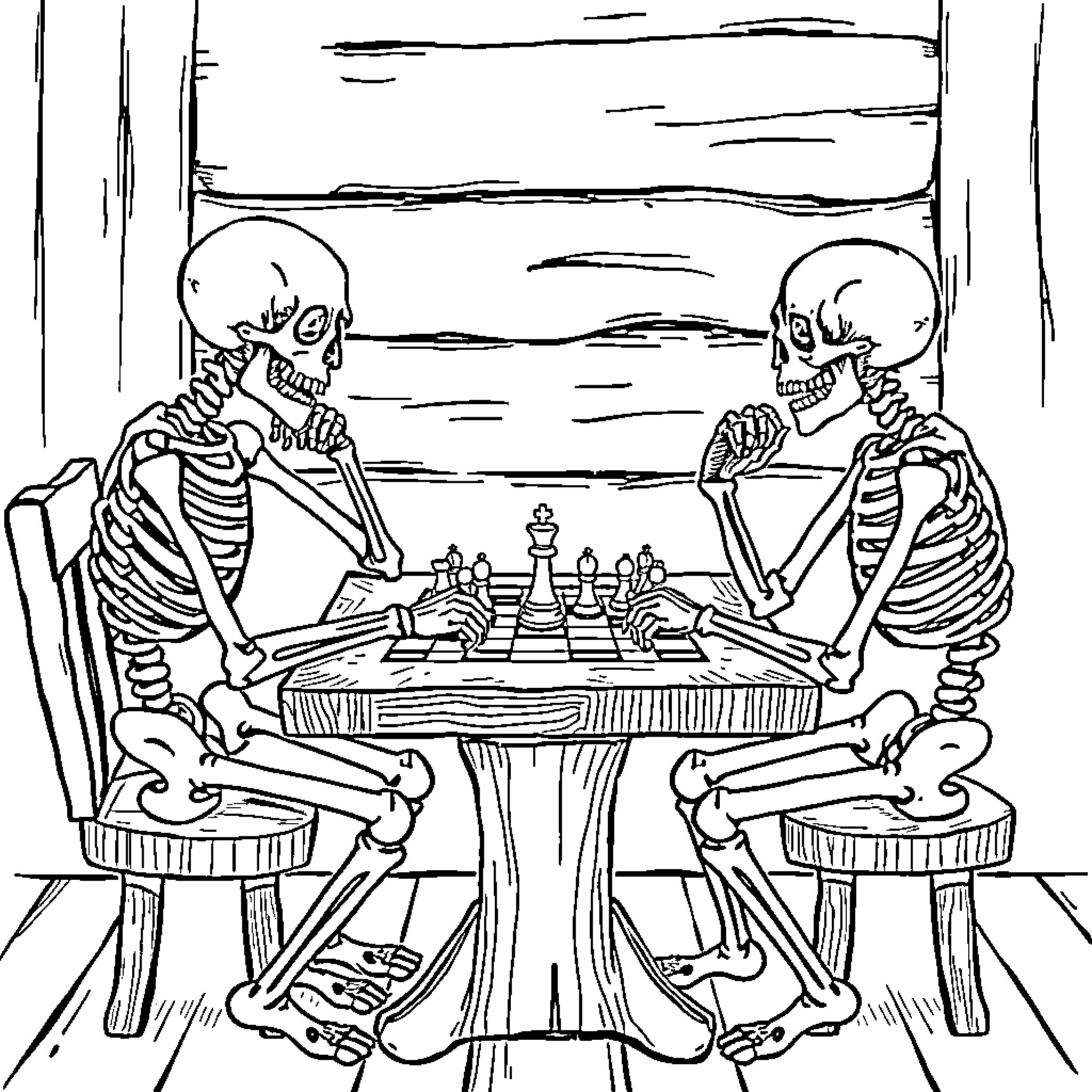 Skeleton chess players engaged in a game Coloring Page (free black-and-white line drawing printable PDF for all, from beginners to advanced learners, including children, teens, adults, and seniors)