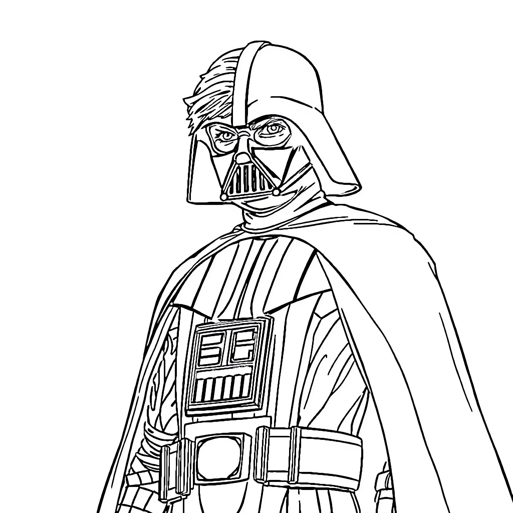 Luke Skywalker as Darth Vader in iconic battle pose Coloring Page (free black-and-white line drawing printable PDF for all, from beginners to advanced learners, including children, teens, adults, and seniors)