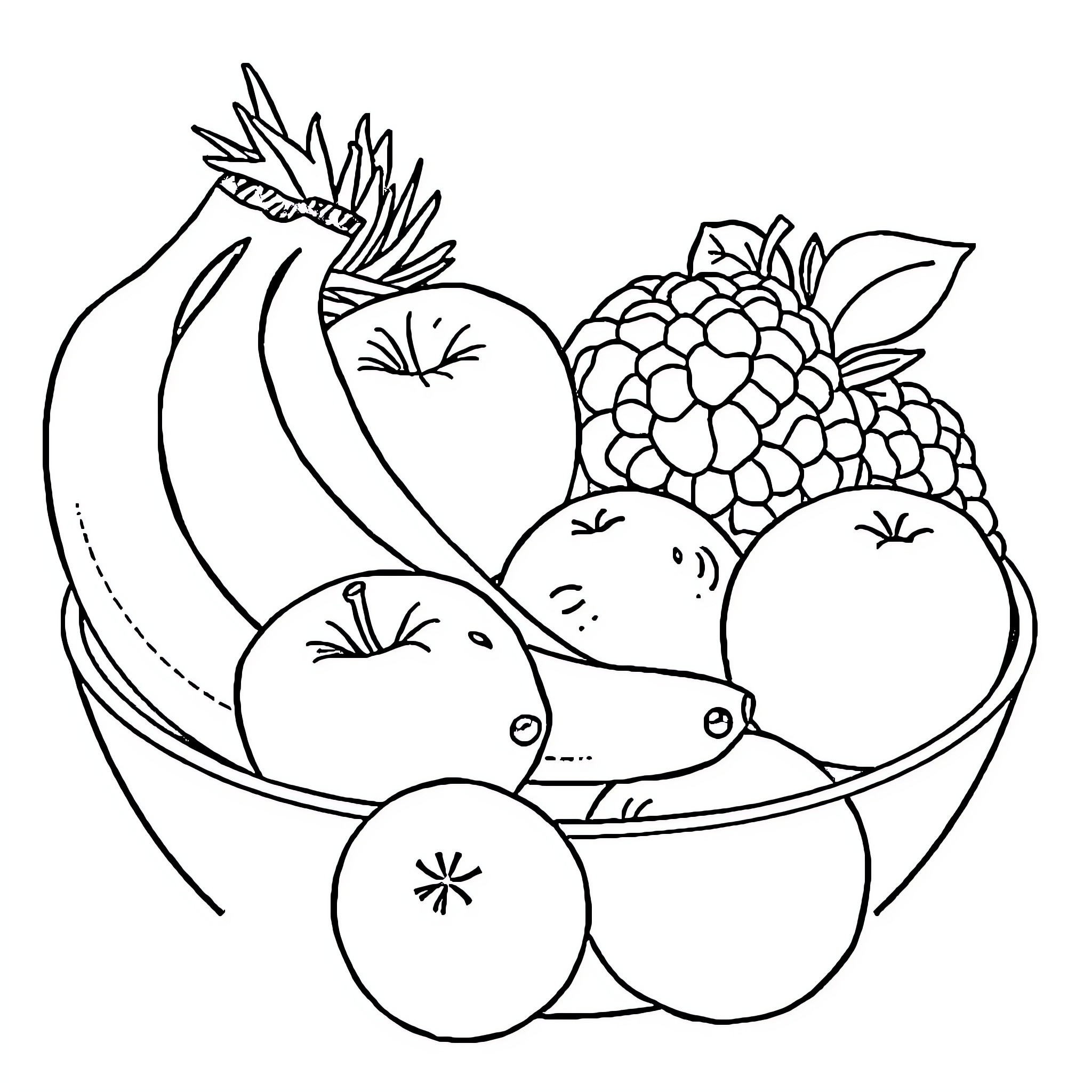 Fruit basket with assorted produce Coloring Page (free black-and-white line drawing printable PDF for all, from beginners to advanced learners, including children, teens, adults, and seniors)