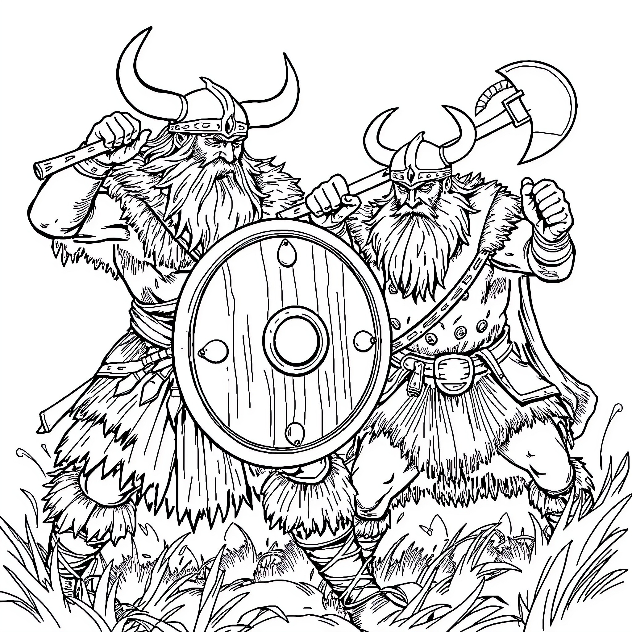 Viking warriors in battle with weapons and shields Coloring Page (free black-and-white line drawing printable PDF for all, from beginners to advanced learners, including children, teens, adults, and seniors)