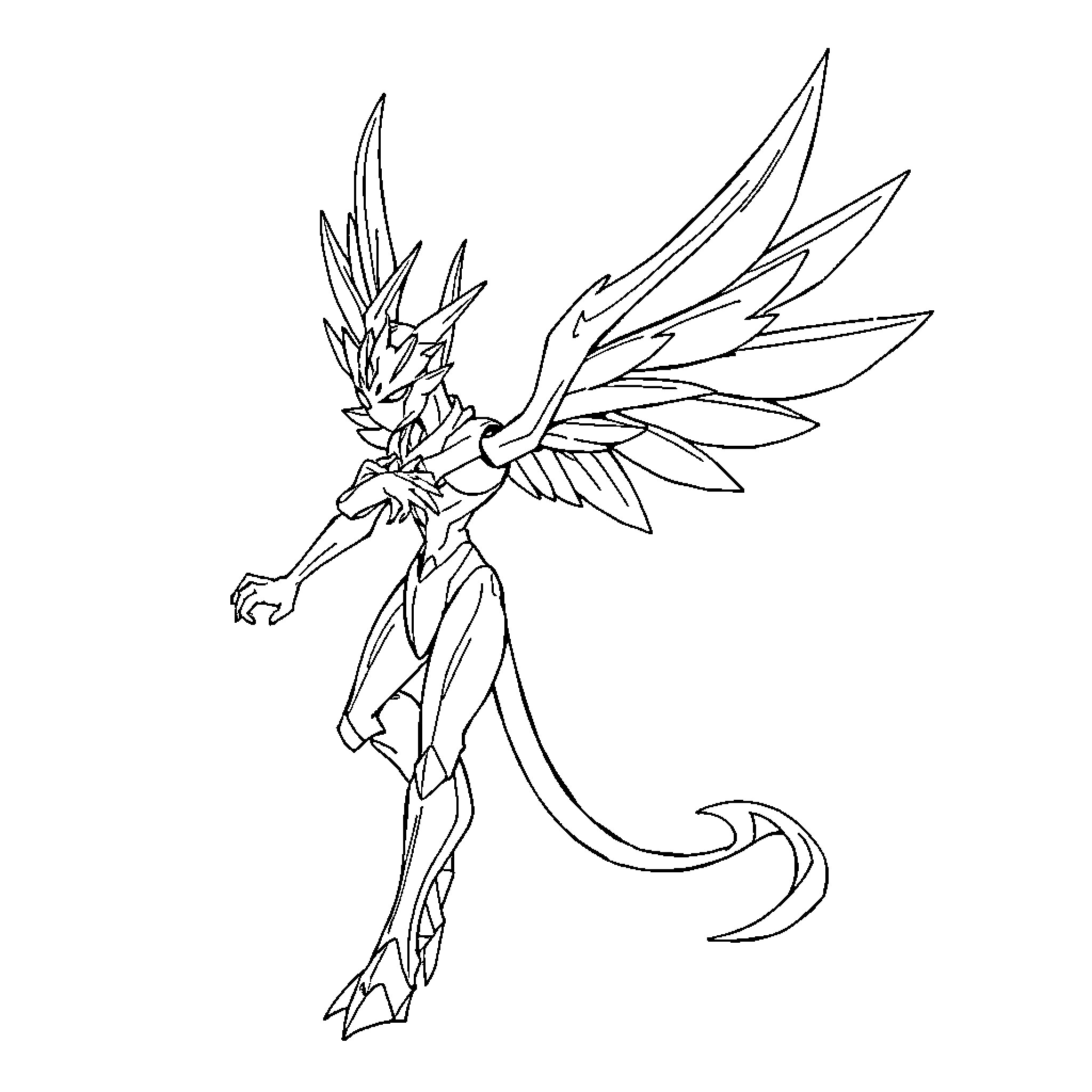 Angemon wielding angelic weapon in heroic pose Coloring Page (free black-and-white line drawing printable PDF for all, from beginners to advanced learners, including children, teens, adults, and seniors)