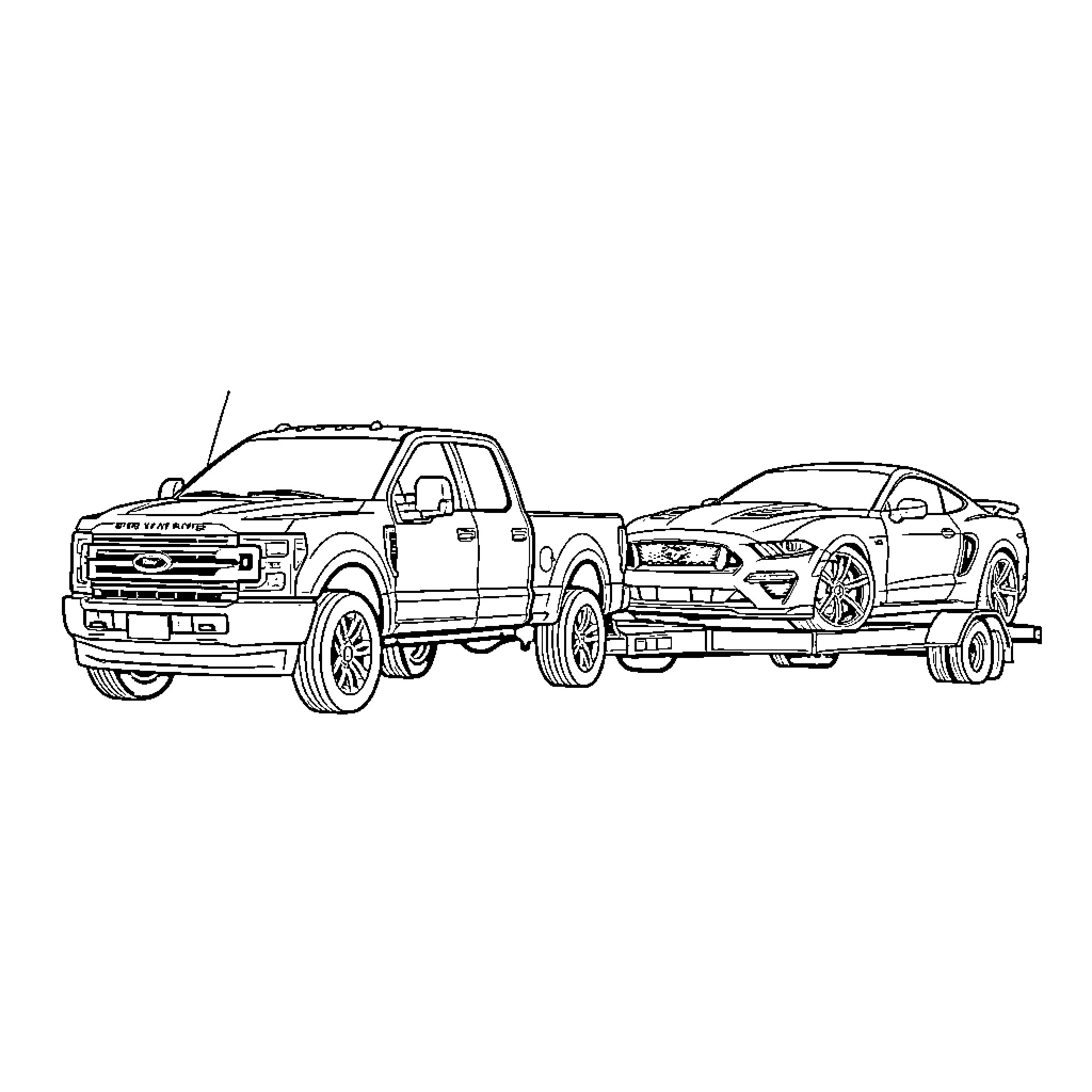 Truck towing a sports car on a trailer Coloring Page (free black-and-white line drawing printable PDF for all, from beginners to advanced learners, including children, teens, adults, and seniors)