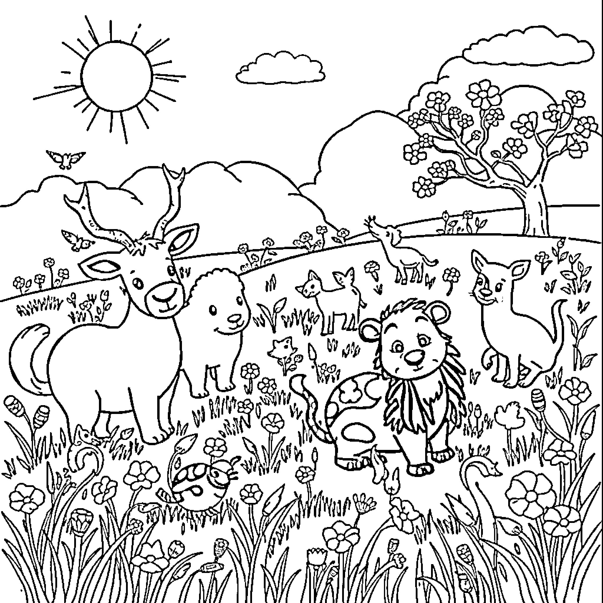 Animal gathering in a scenic landscape Coloring Page (free black-and-white line drawing printable PDF for all, from beginners to advanced learners, including children, teens, adults, and seniors)