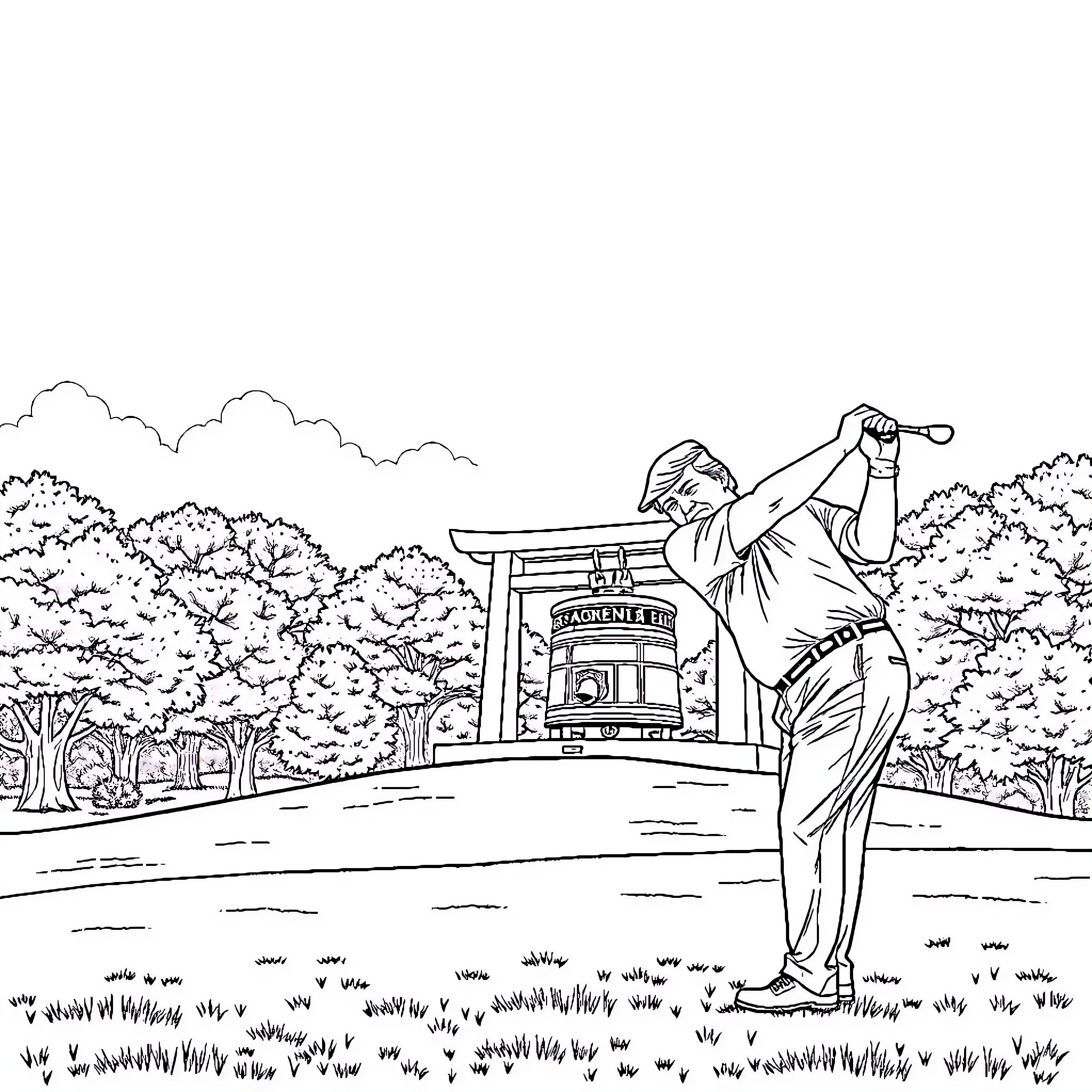Donald Trump Golfing in a Scenic Outdoor Setting Coloring Page (free black-and-white line drawing printable PDF for all, from beginners to advanced learners, including children, teens, adults, and seniors)