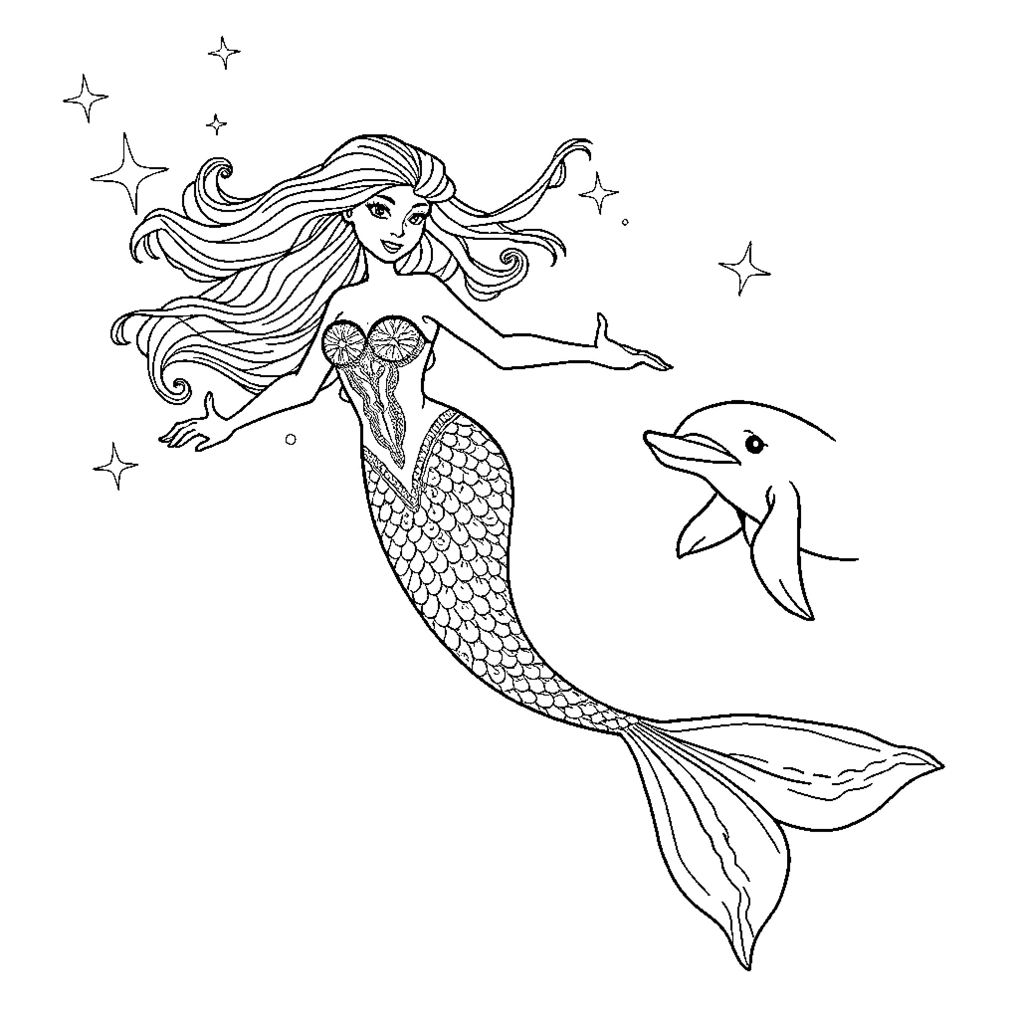 Mermaid dancing gracefully with a dolphin friend Coloring Page (free black-and-white line drawing printable PDF for all, from beginners to advanced learners, including children, teens, adults, and seniors)