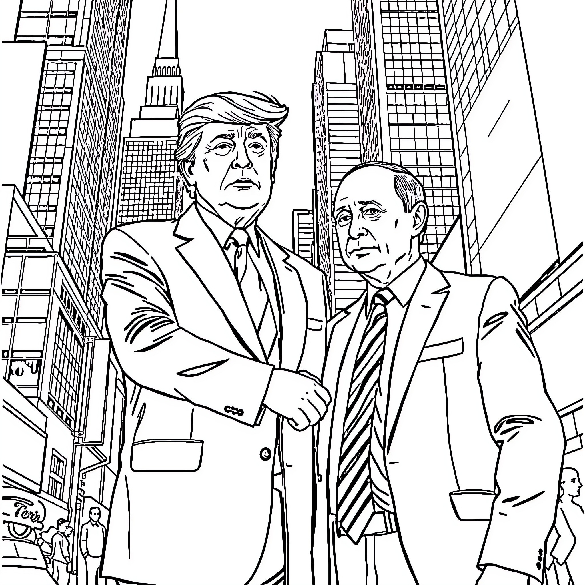 Donald Trump and an advisor in front of high-rise buildings Coloring Page (free black-and-white line drawing printable PDF for all, from beginners to advanced learners, including children, teens, adults, and seniors)