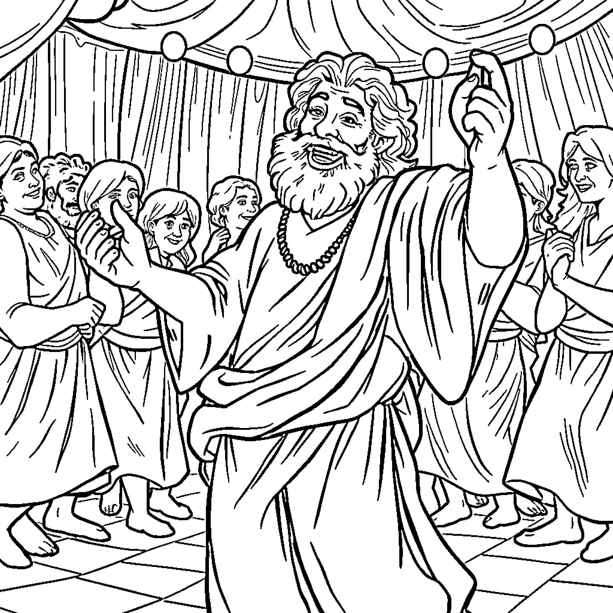 Euripides' Dramatic Performance with Adoring Audience Coloring Page (free black-and-white line drawing printable PDF for all, from beginners to advanced learners, including children, teens, adults, and seniors)
