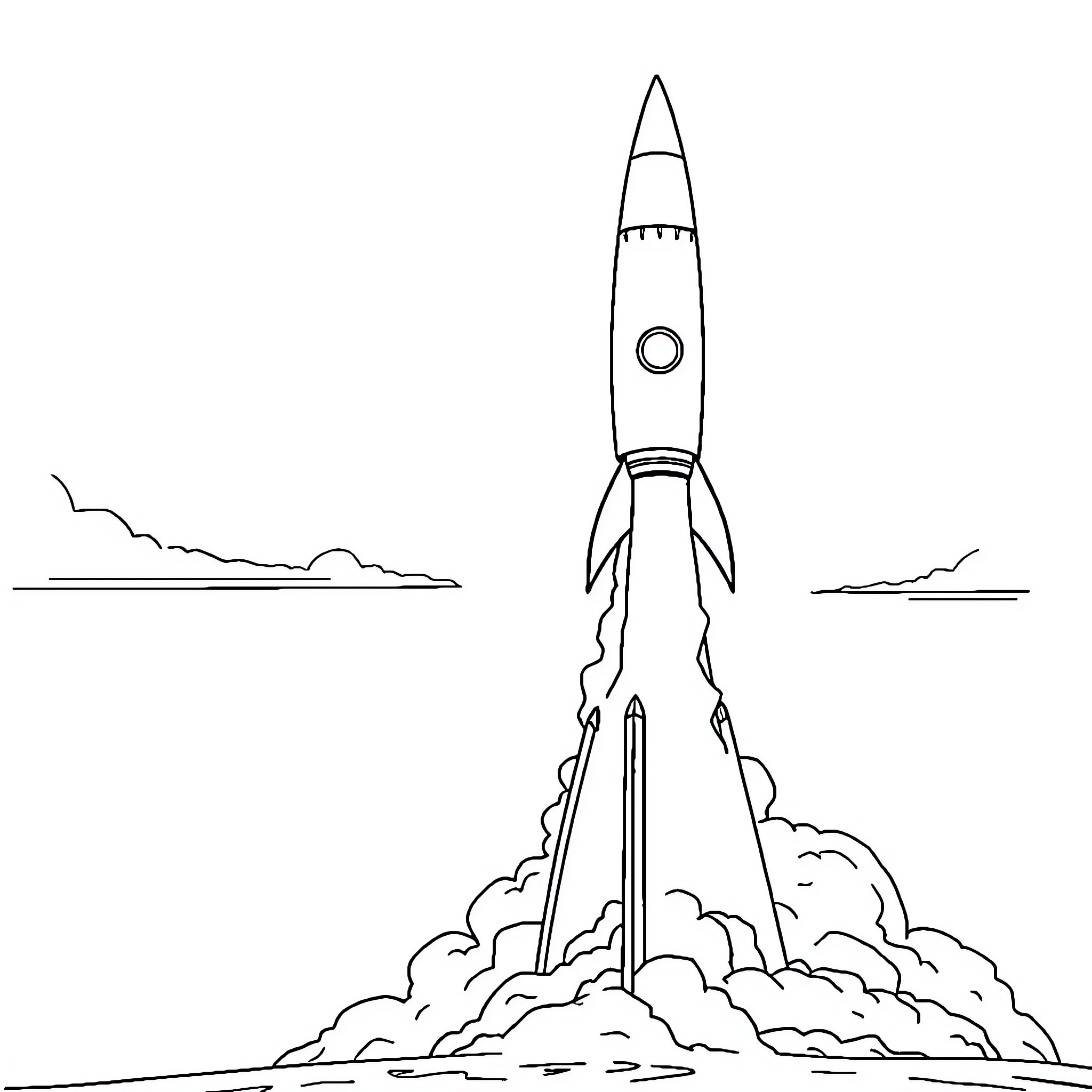 Rocket launching into the sky Coloring Page (free black-and-white line drawing printable PDF for all, from beginners to advanced learners, including children, teens, adults, and seniors)