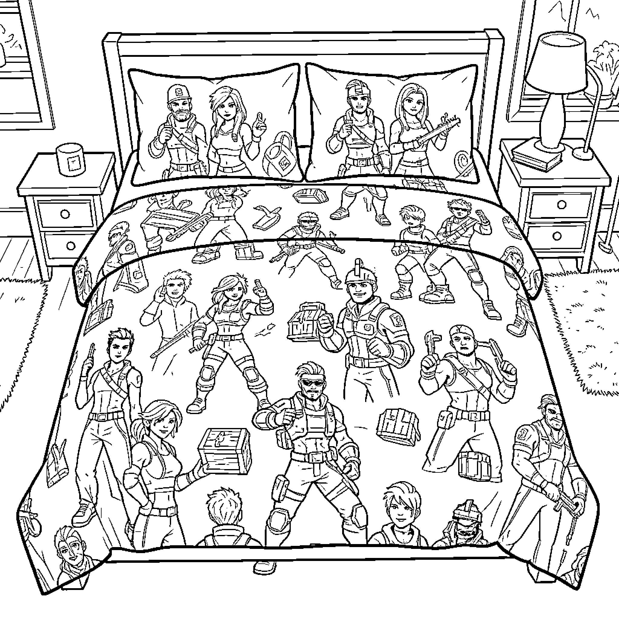 Fortnite Bedding featuring various characters in action poses Coloring Page (free black-and-white line drawing printable PDF for all, from beginners to advanced learners, including children, teens, adults, and seniors)