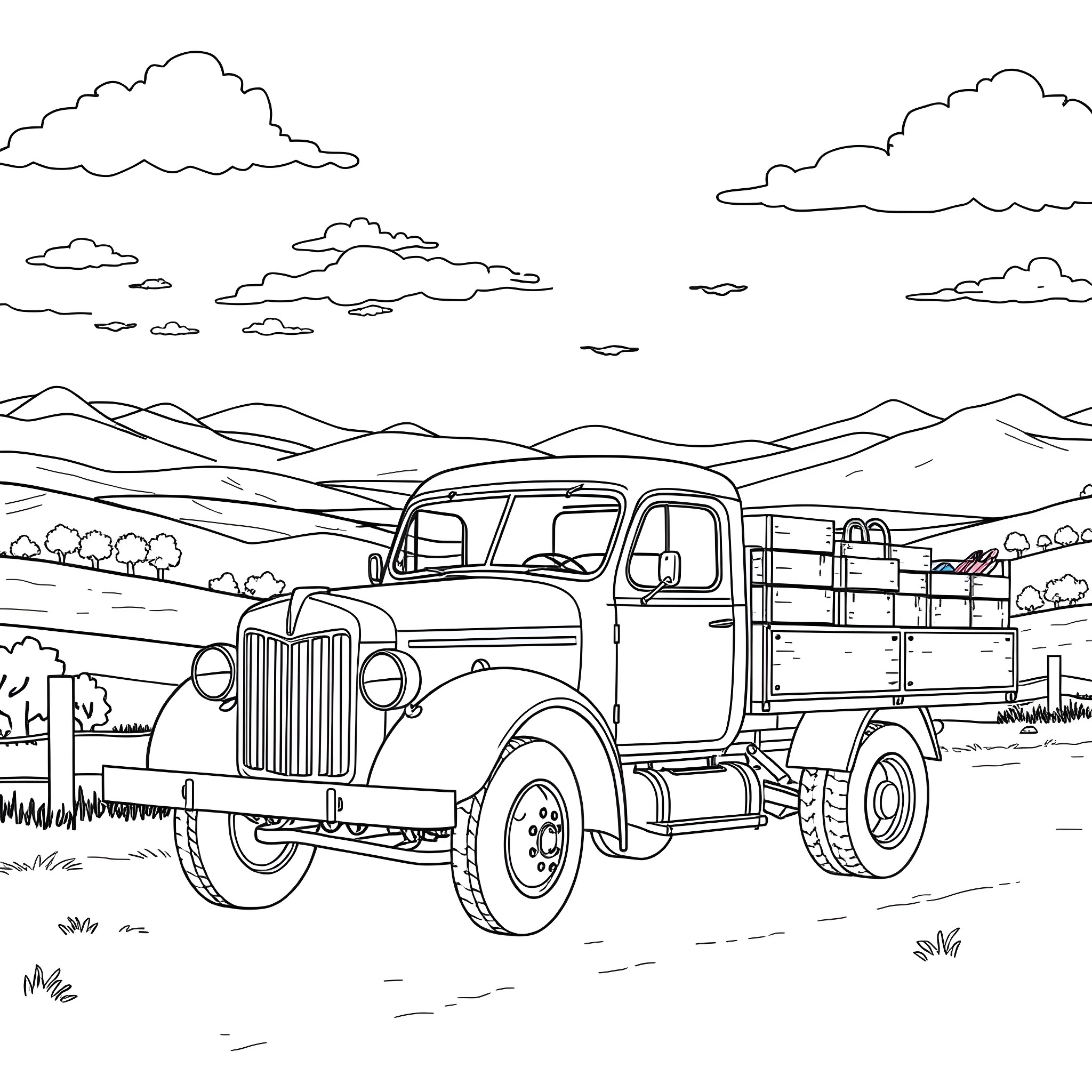 Flatbed Truck Transporting Goods Through Scenic Countryside Coloring Page (free black-and-white line drawing printable PDF for all, from beginners to advanced learners, including children, teens, adults, and seniors)