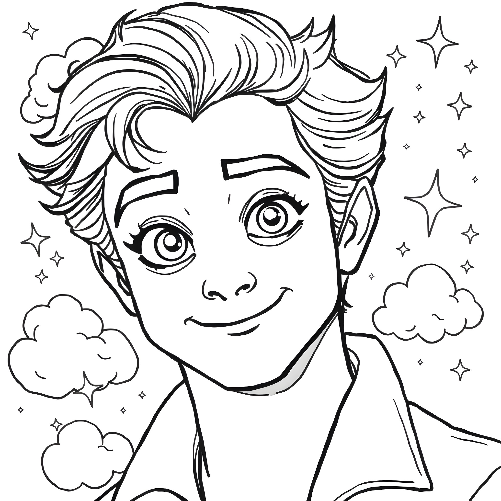 Edward Cullen's Whimsical Expressions Amidst Celestial Swirls Coloring Page (free black-and-white line drawing printable PDF for all, from beginners to advanced learners, including children, teens, adults, and seniors)