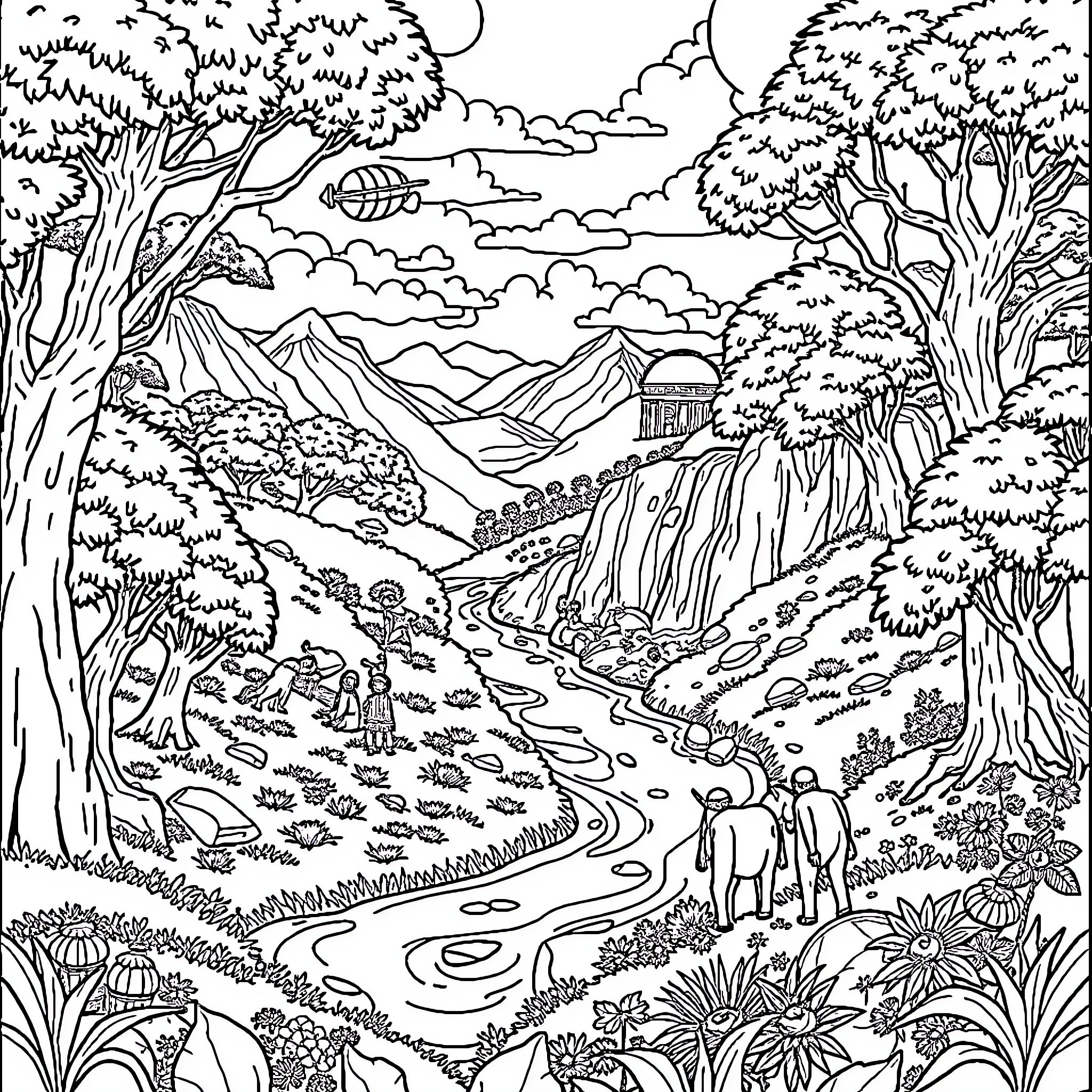 Land of Enchantment: Scenic Landscape with Travelers Coloring Page (free black-and-white line drawing printable PDF for all, from beginners to advanced learners, including children, teens, adults, and seniors)