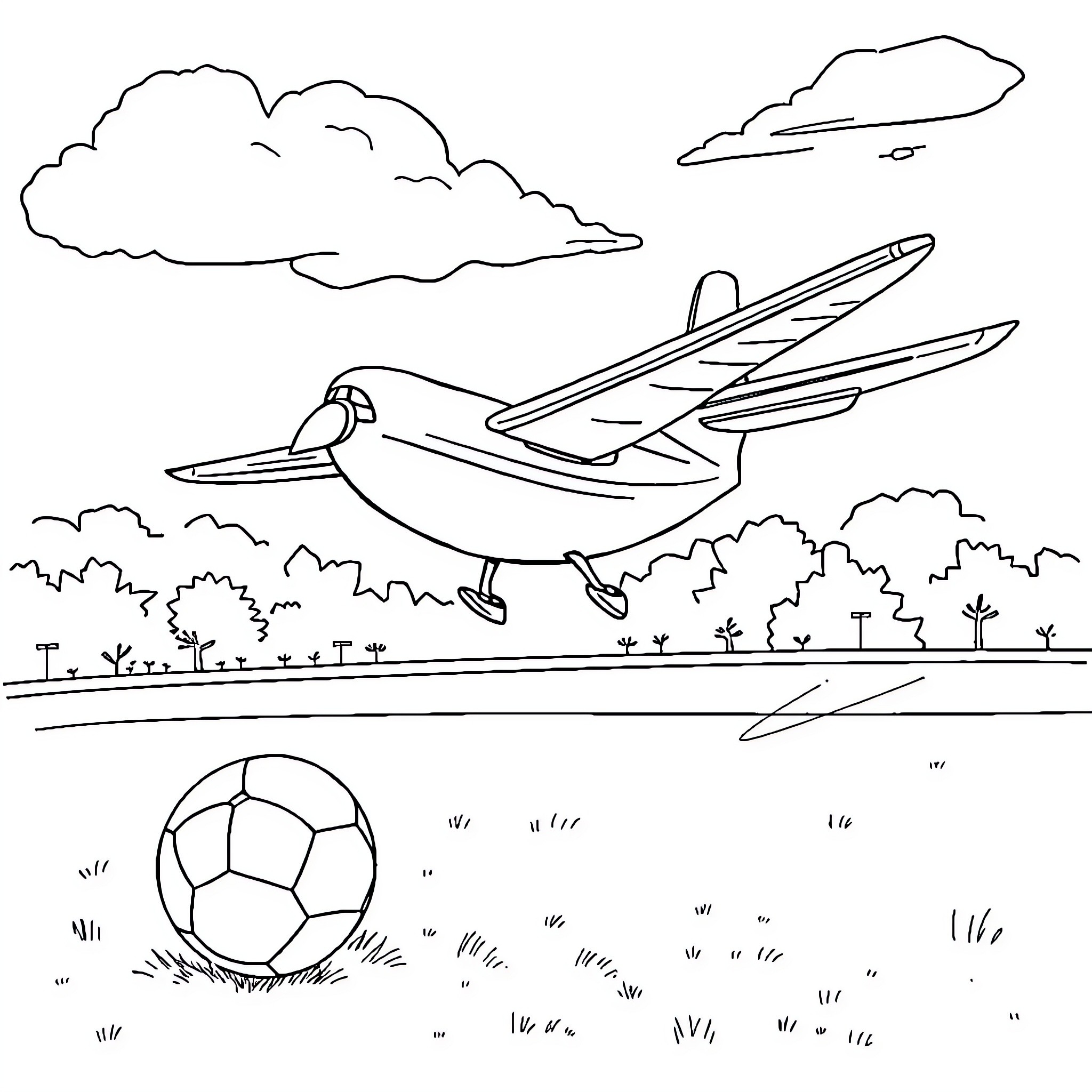 Avión volando sobre un campo con juguetes Coloring Page (free black-and-white line drawing printable PDF for all, from beginners to advanced learners, including children, teens, adults, and seniors)