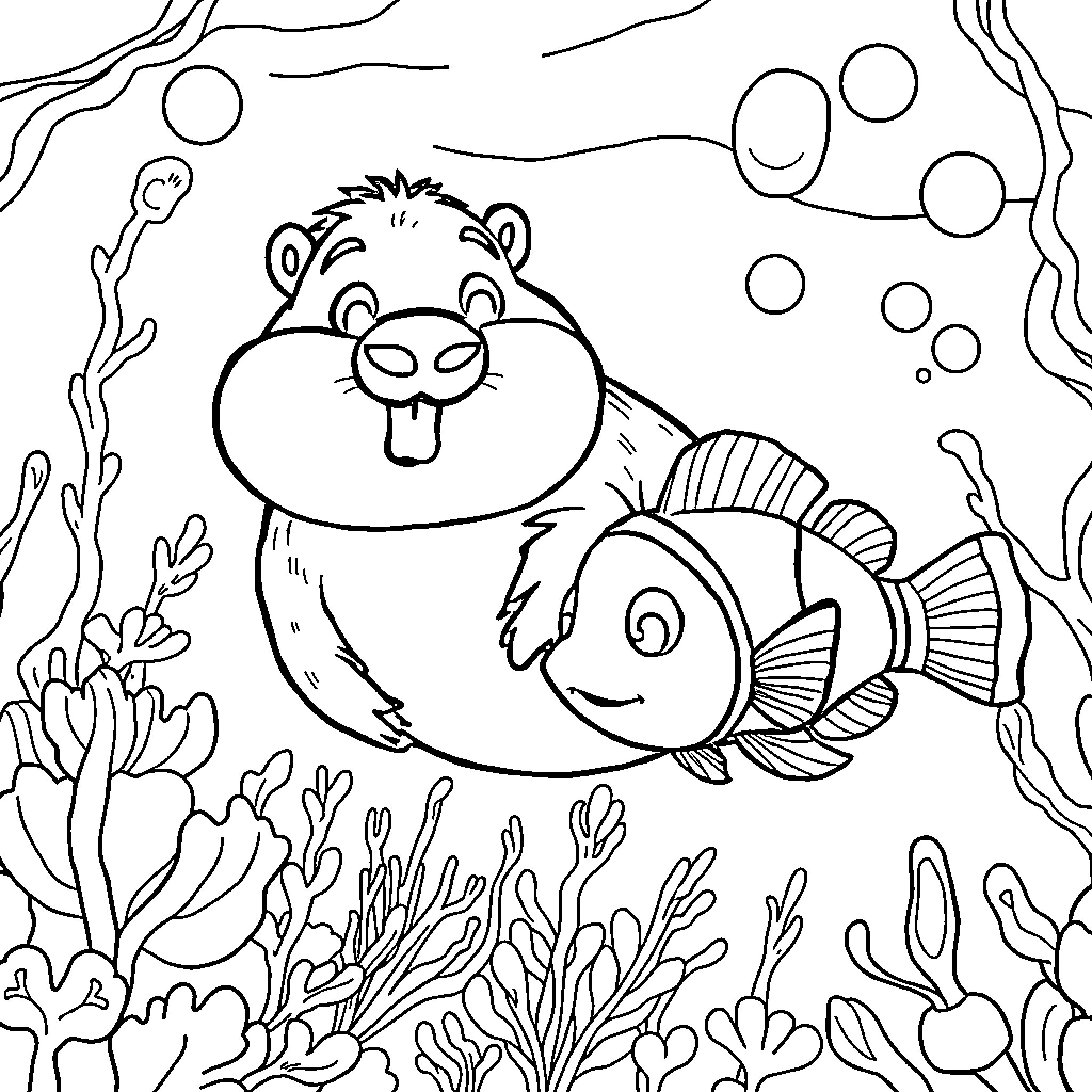 Beaver and fish exploring the underwater world Coloring Page (free black-and-white line drawing printable PDF for all, from beginners to advanced learners, including children, teens, adults, and seniors)