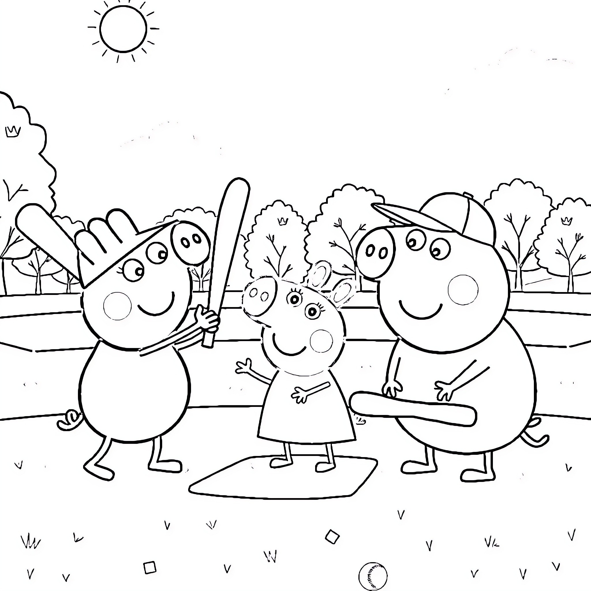 Cartoon Characters Enjoying Outdoor Activities Coloring Page (free black-and-white line drawing printable PDF for all, from beginners to advanced learners, including children, teens, adults, and seniors)