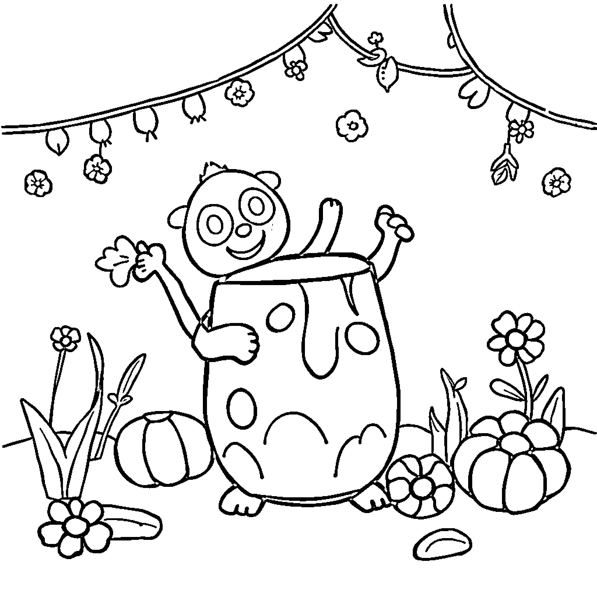 Toe-tally Spotted Pup in Flower Garden Coloring Page (free black-and-white line drawing printable PDF for all, from beginners to advanced learners, including children, teens, adults, and seniors)