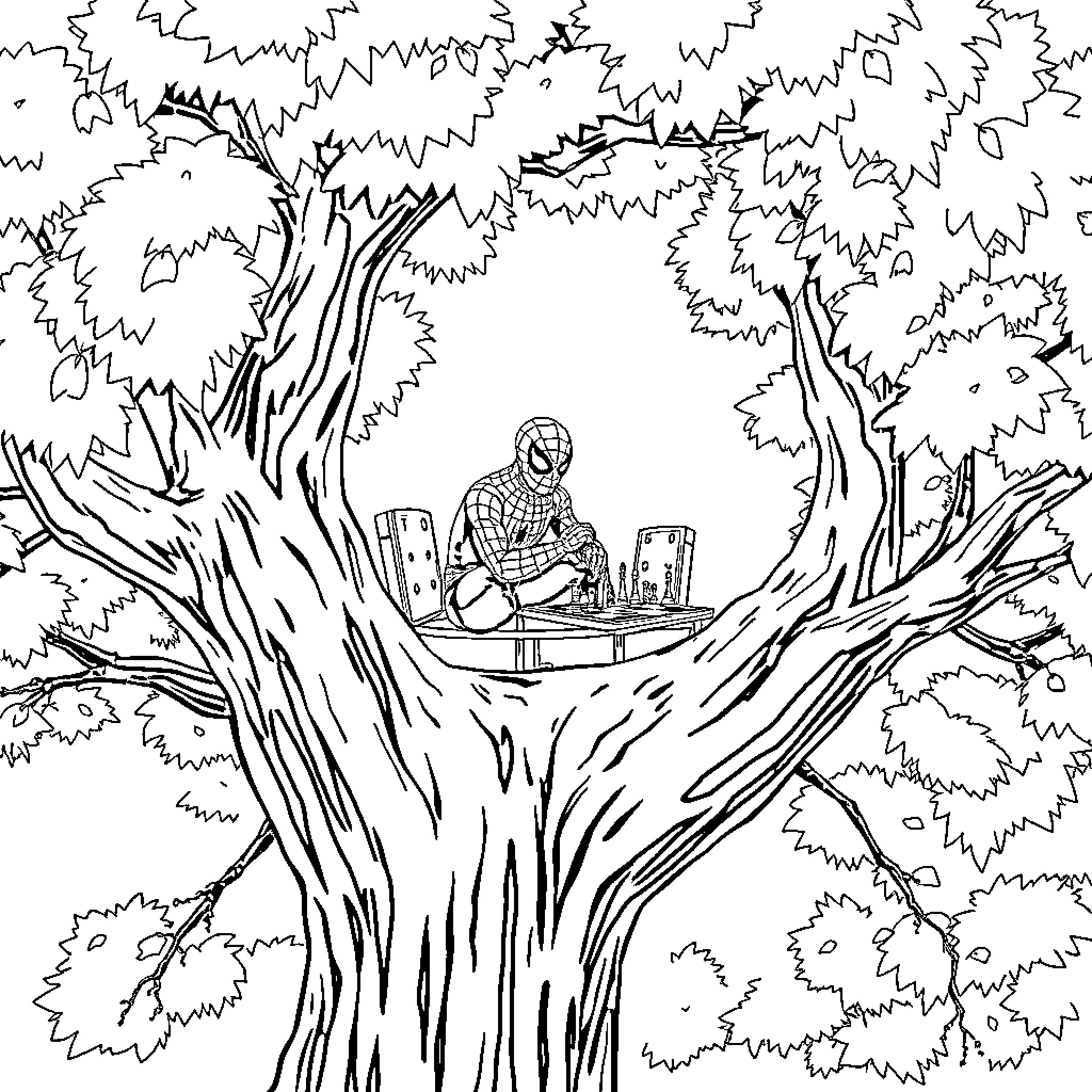 Spiderman sitting on a tree trunk in the forest Coloring Page (free black-and-white line drawing printable PDF for all, from beginners to advanced learners, including children, teens, adults, and seniors)