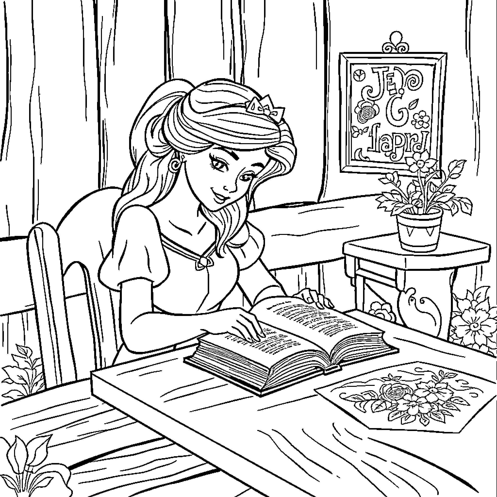 Princess Reading a Book in Her Study Coloring Page (free black-and-white line drawing printable PDF for all, from beginners to advanced learners, including children, teens, adults, and seniors)