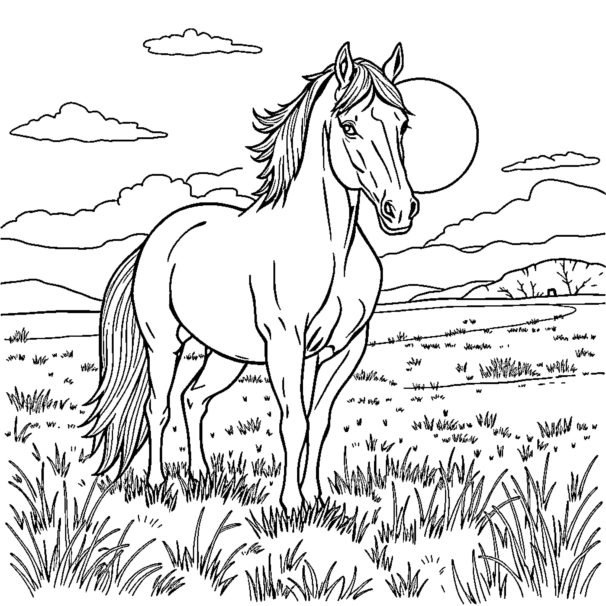 Horse standing in a grassy field under the moon Coloring Page (free black-and-white line drawing printable PDF for all, from beginners to advanced learners, including children, teens, adults, and seniors)