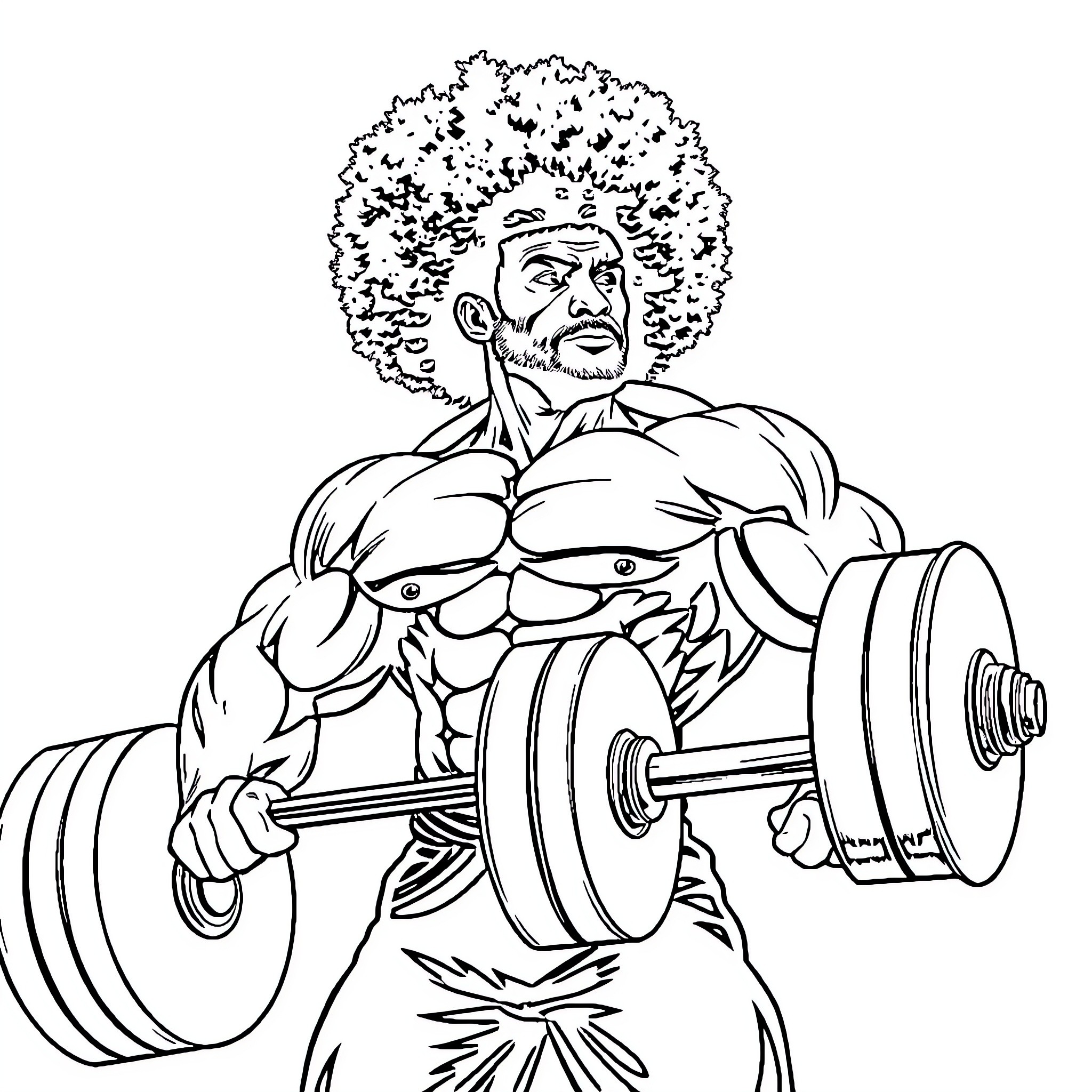 Bodybuilder lifting heavy weights with intense expression Coloring Page (free black-and-white line drawing printable PDF for all, from beginners to advanced learners, including children, teens, adults, and seniors)