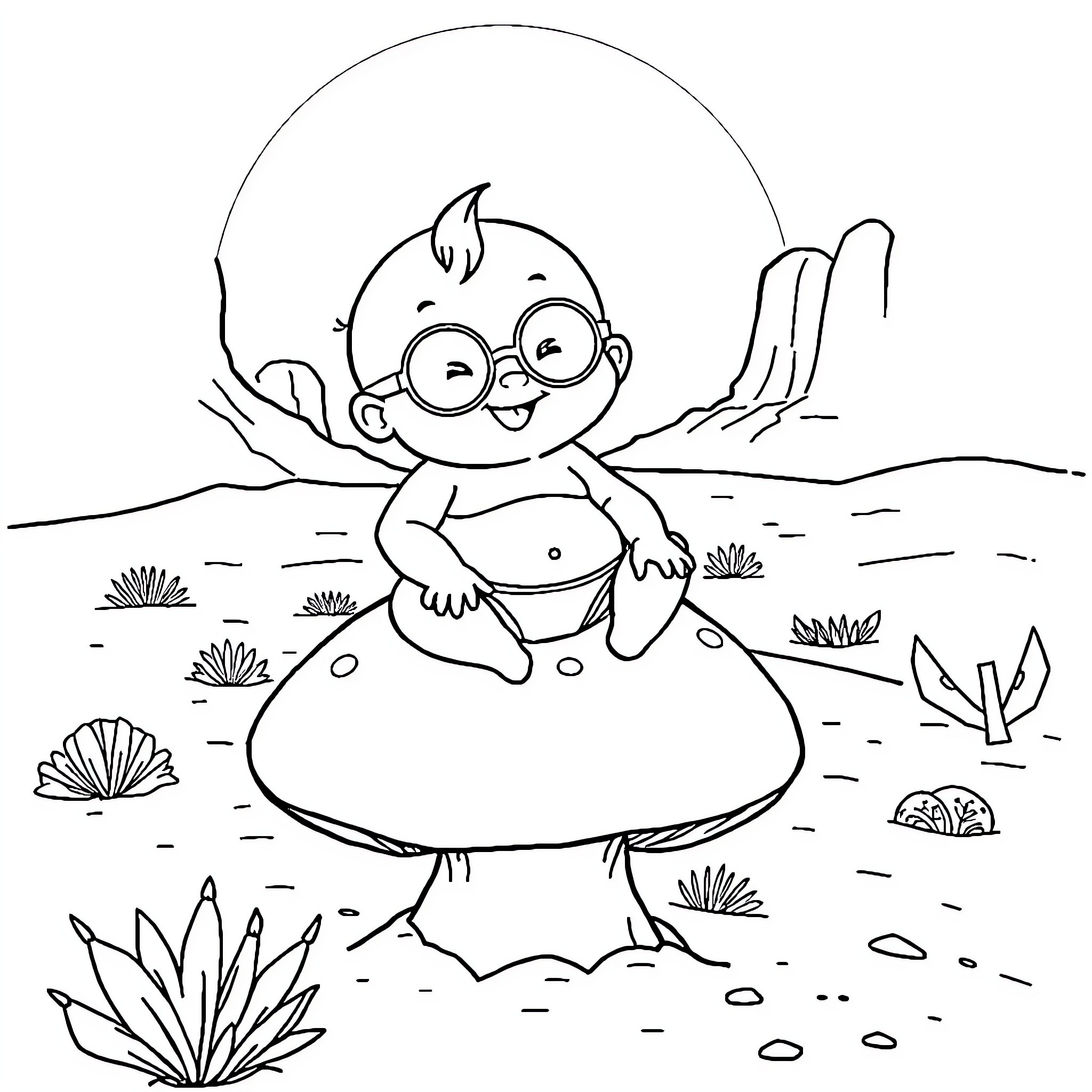 Baby playing happily on a mushroom in nature Coloring Page (free black-and-white line drawing printable PDF for all, from beginners to advanced learners, including children, teens, adults, and seniors)