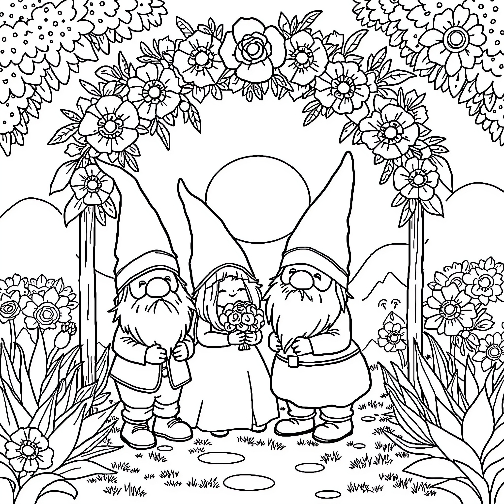 Gnome Trio in Whimsical Floral Garden Coloring Page (free black-and-white line drawing printable PDF for all, from beginners to advanced learners, including children, teens, adults, and seniors)