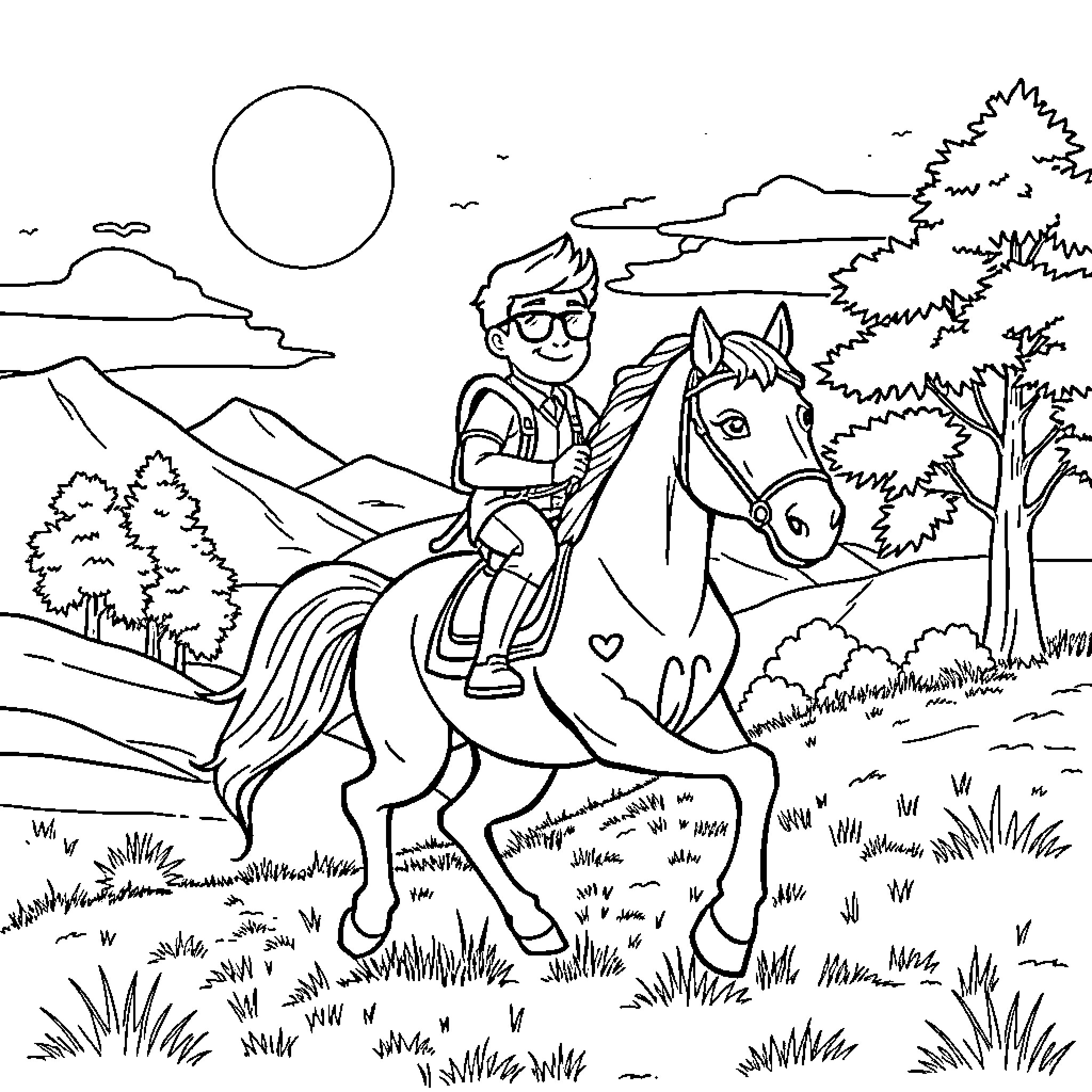 Meme of kid riding horse through countryside Coloring Page (free black-and-white line drawing printable PDF for all, from beginners to advanced learners, including children, teens, adults, and seniors)