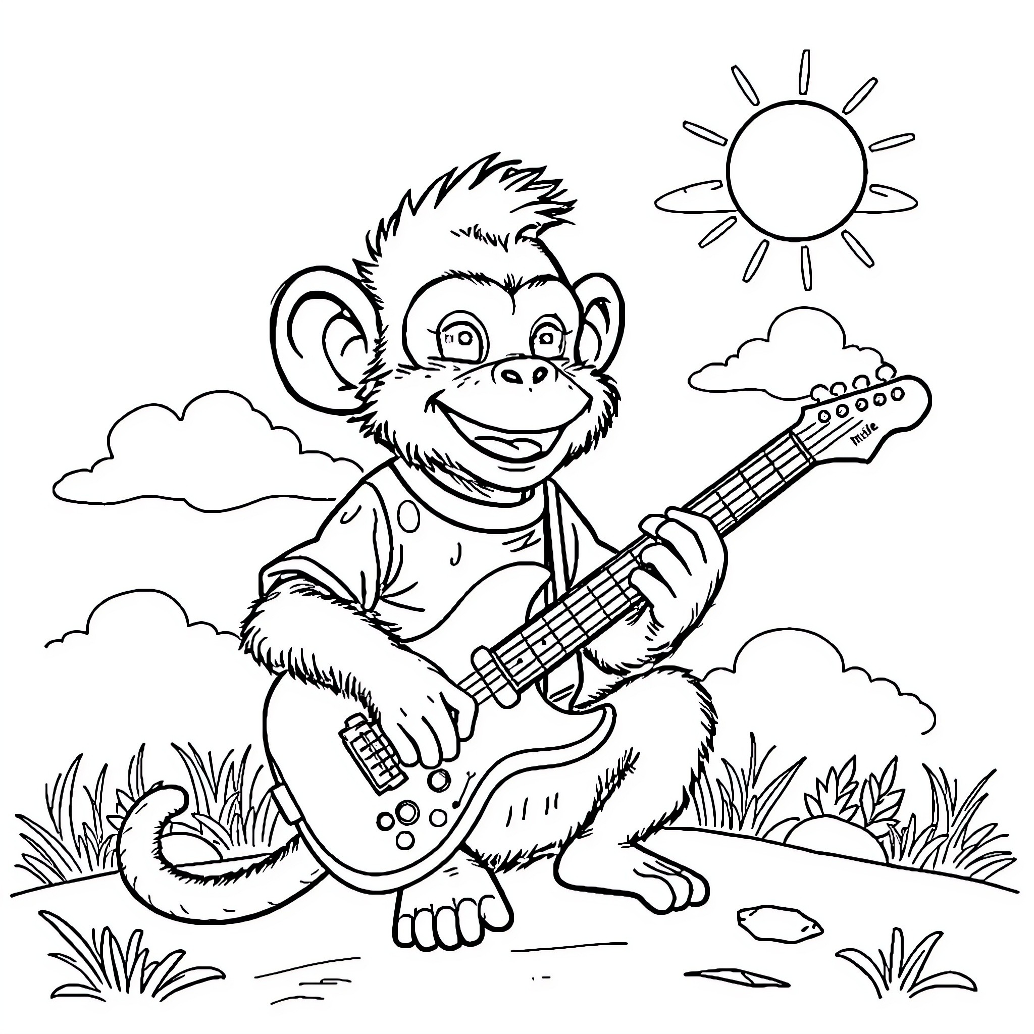 Monkey playing electric guitar in nature Coloring Page (free black-and-white line drawing printable PDF for all, from beginners to advanced learners, including children, teens, adults, and seniors)